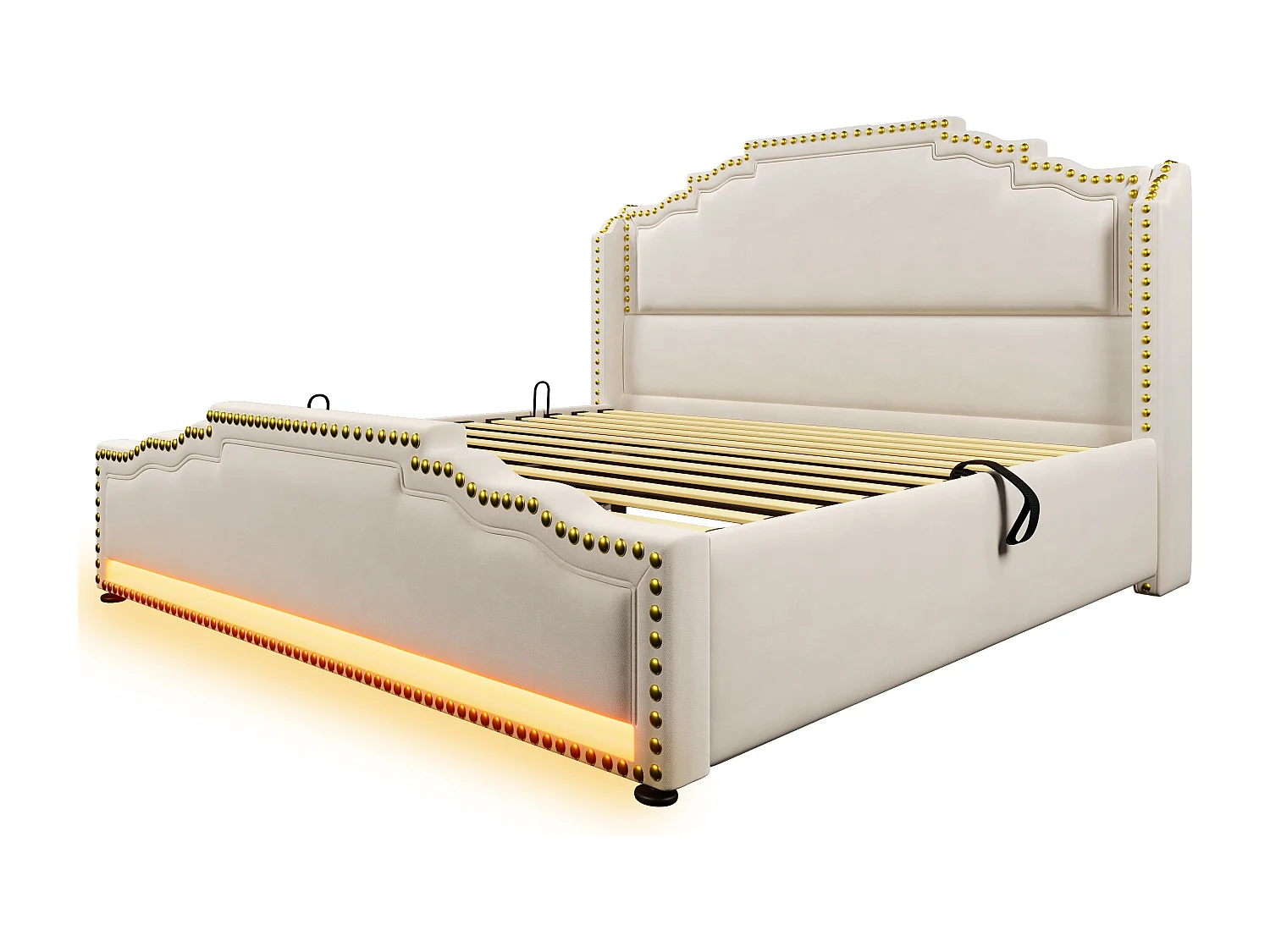 Cama baú casal 160x200 cm com LED e USB Tipo-C, veludo bege, sem colchão