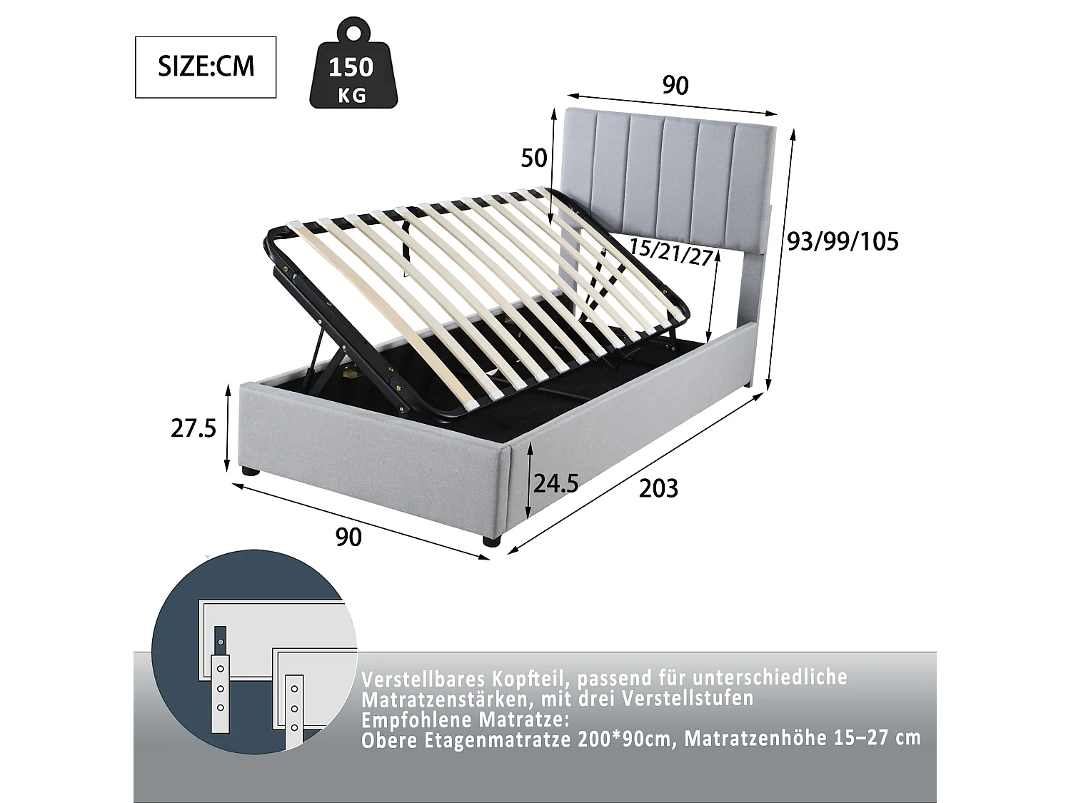 Lit coffre enfant 90x200cm gris en lin, Sommier à lattes, sans matelas