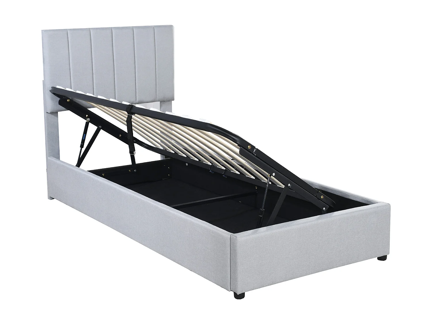 Lit coffre enfant 90x200cm gris en lin, Sommier à lattes, sans matelas