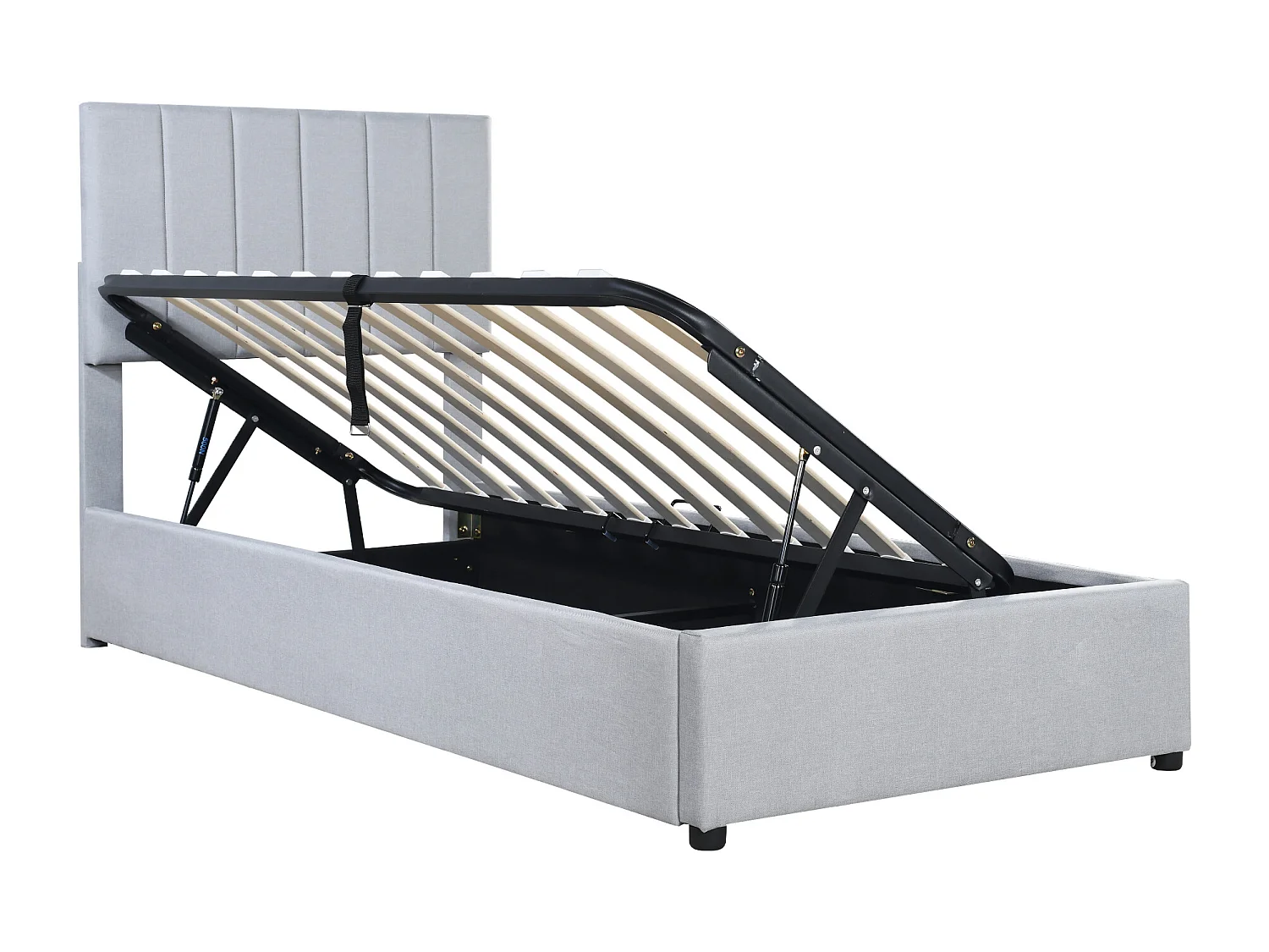 Lit coffre enfant 90x200cm gris en lin, Sommier à lattes, sans matelas