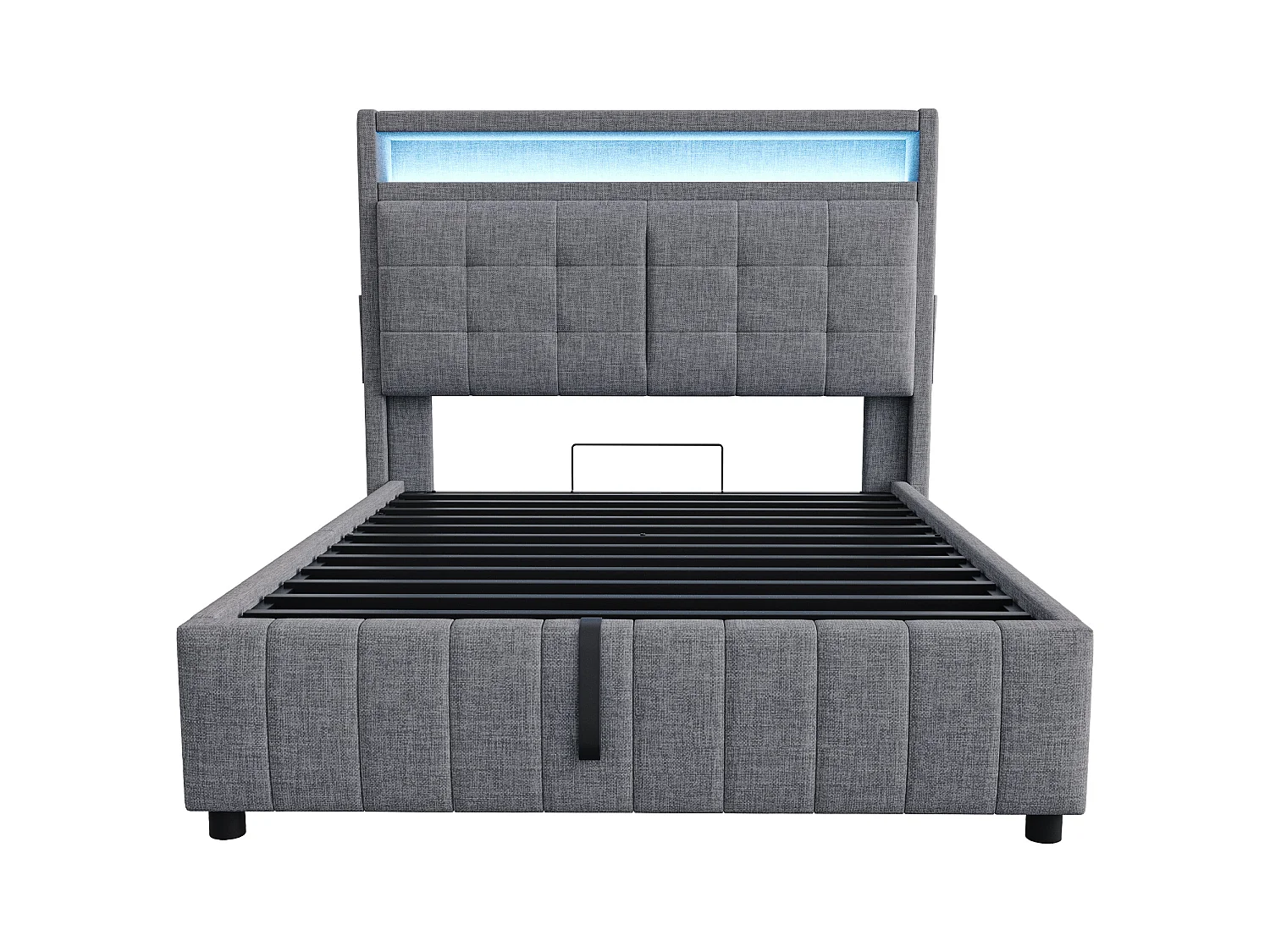 Lit coffre adulte 140x200cm avec LED et USB Type-C, lin, gris, sans matelas