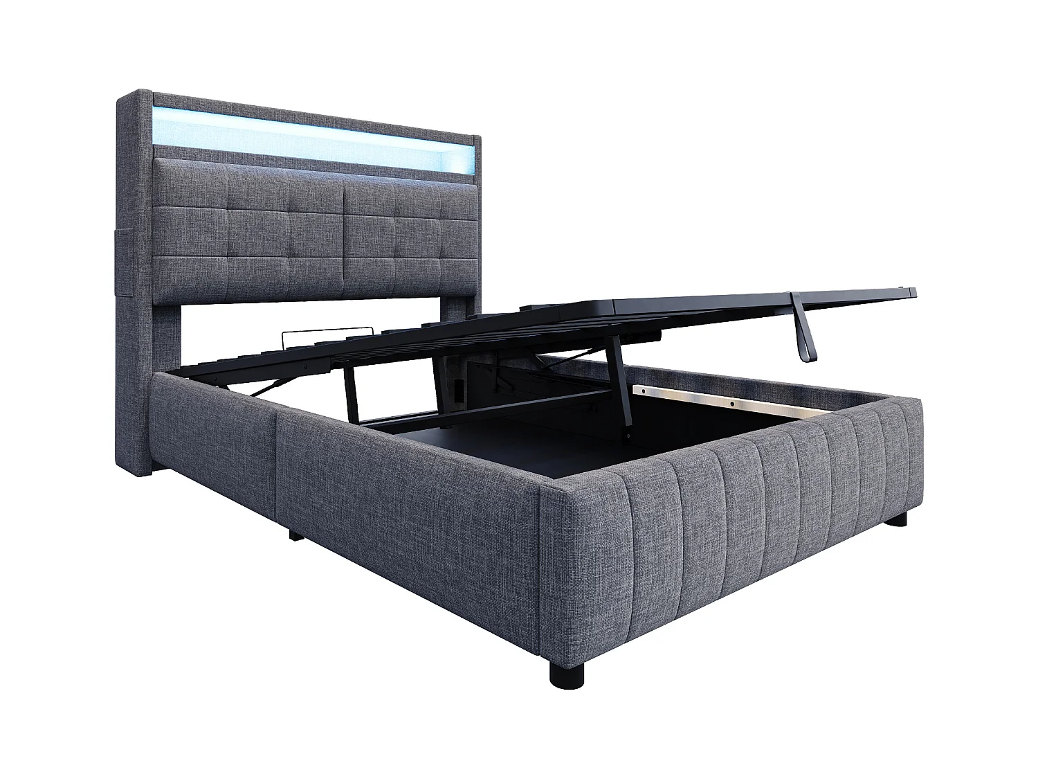 Lit coffre adulte 140x200cm avec LED et USB Type-C, lin, gris, sans matelas