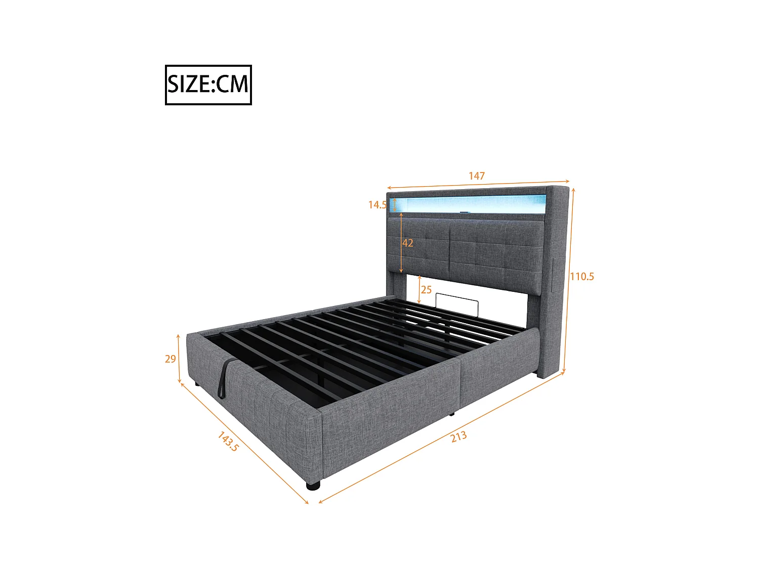 Lit coffre adulte 140x200cm avec LED et USB Type-C, lin, gris, sans matelas