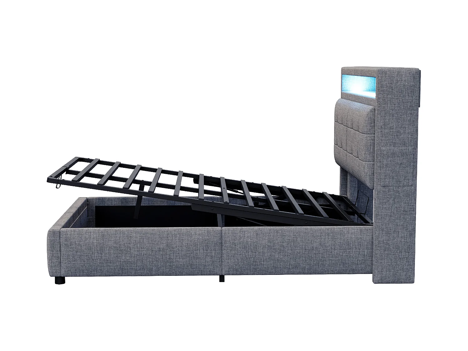 Lit coffre adulte 140x200cm avec LED et USB Type-C, lin, gris, sans matelas