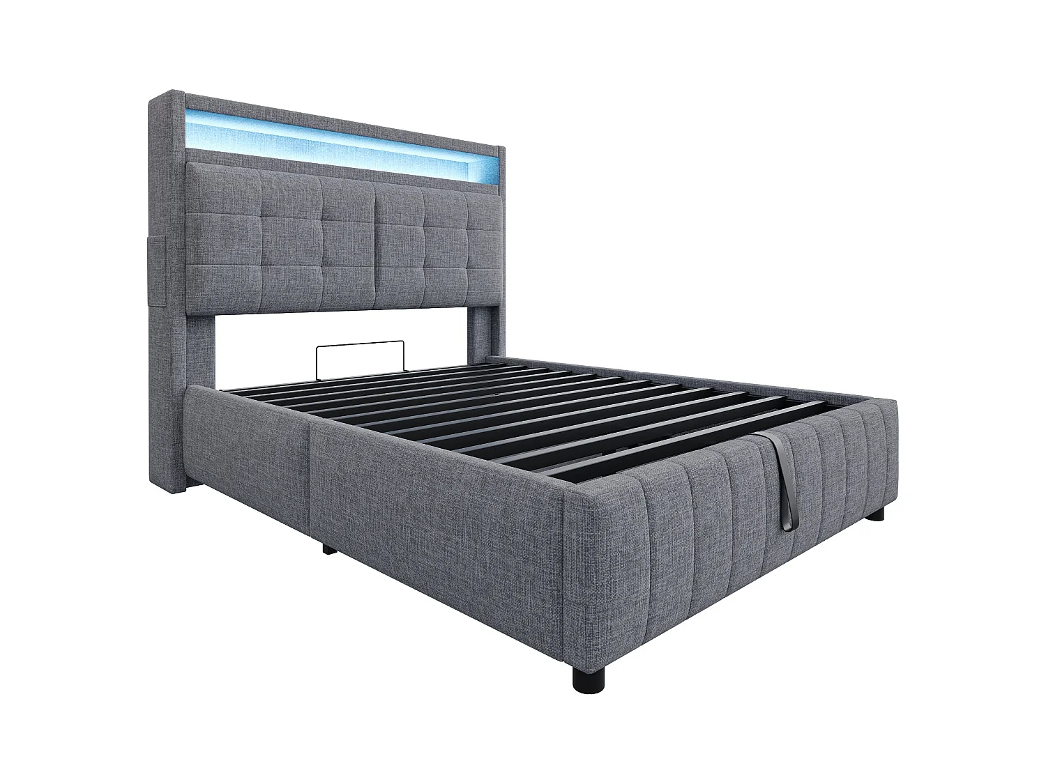 Lit coffre adulte 140x200cm avec LED et USB Type-C, lin, gris, sans matelas