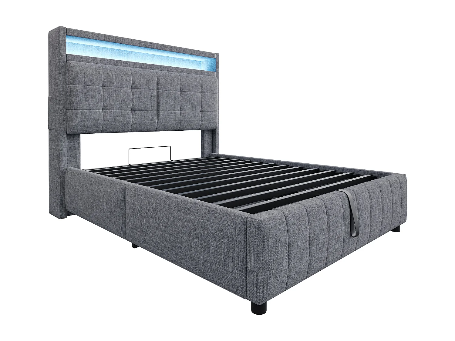 Cama com baú adulto 140x200 cm com LED e USB Type-C, linho cinza, sem colchão