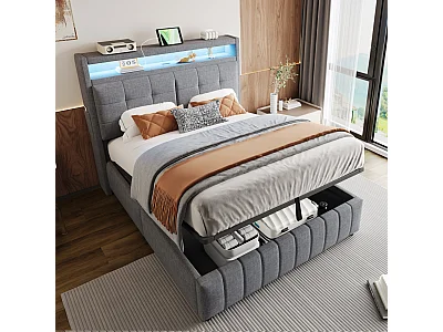 Tweepersoonsbed met opbergruimte 140x200 cm, met LED en USB Type-C, linnen grijs, zonder matras