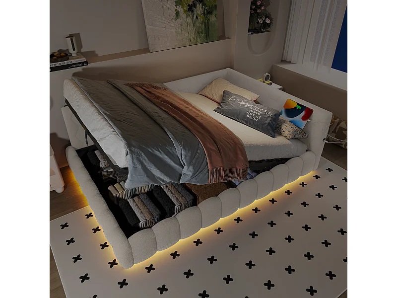 lit coffre enfant 140x200cm avec LED et USB Type-C，Canapé-lit en imitation laine blanc, sans matelas