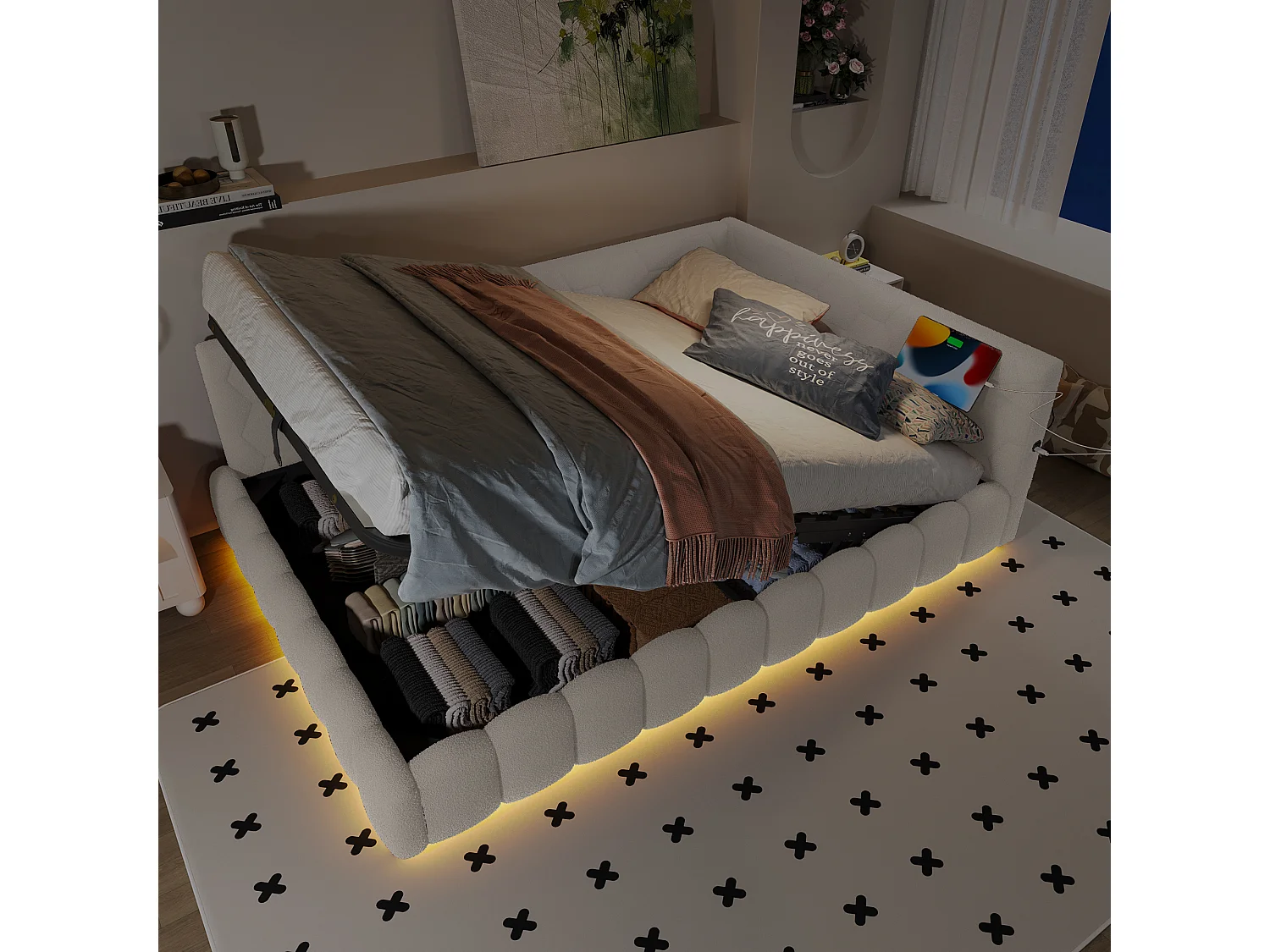 lit coffre enfant 140x200cm avec LED et USB Type-C，Canapé-lit en imitation laine blanc, sans matelas