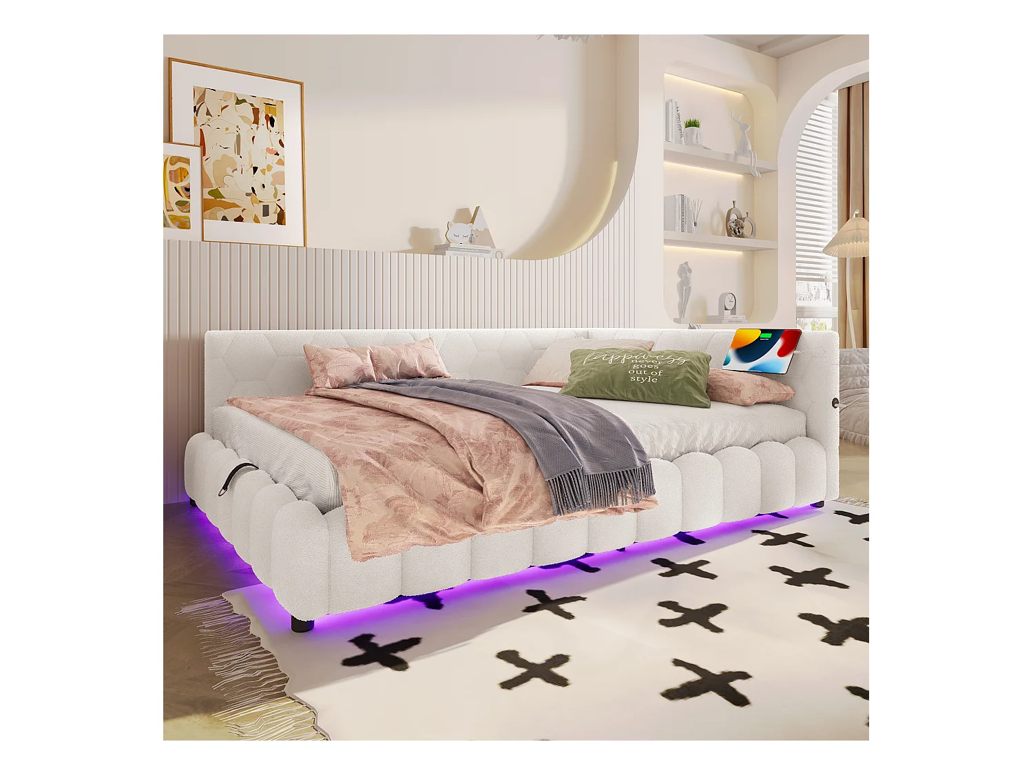 lit coffre enfant 140x200cm avec LED et USB Type-C，Canapé-lit en imitation laine blanc, sans matelas