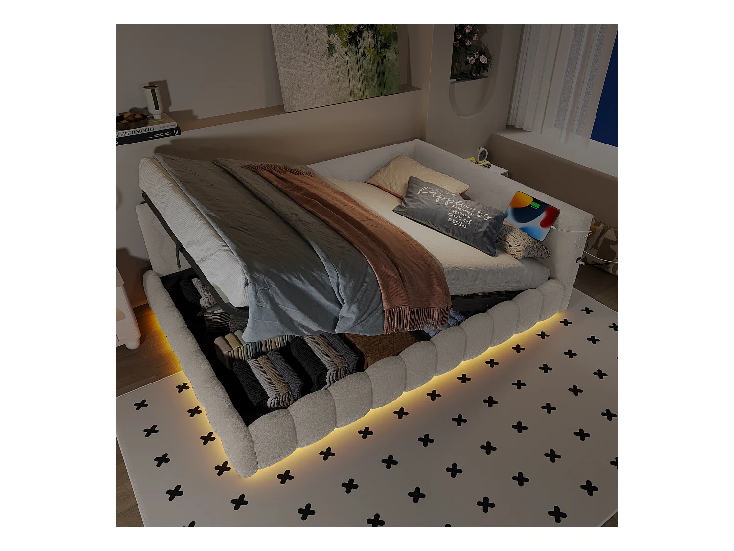 lit coffre enfant 140x200cm avec LED et USB Type-C，Canapé-lit en imitation laine blanc, sans matelas
