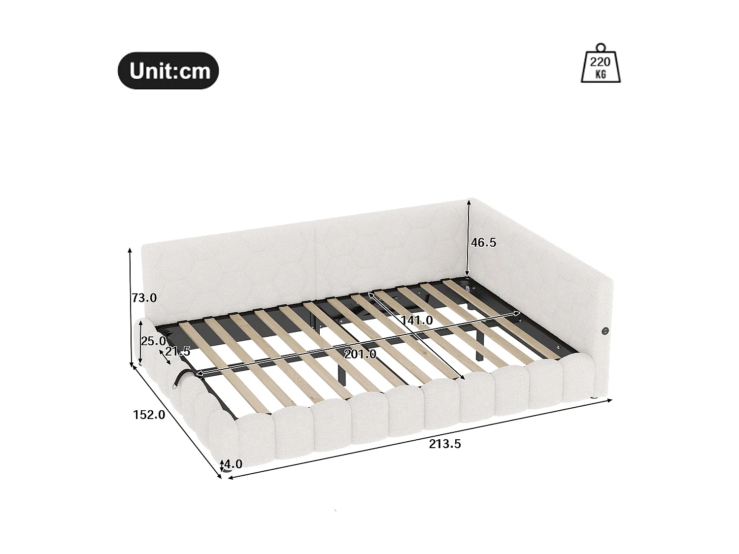 lit coffre enfant 140x200cm avec LED et USB Type-C，Canapé-lit en imitation laine blanc, sans matelas