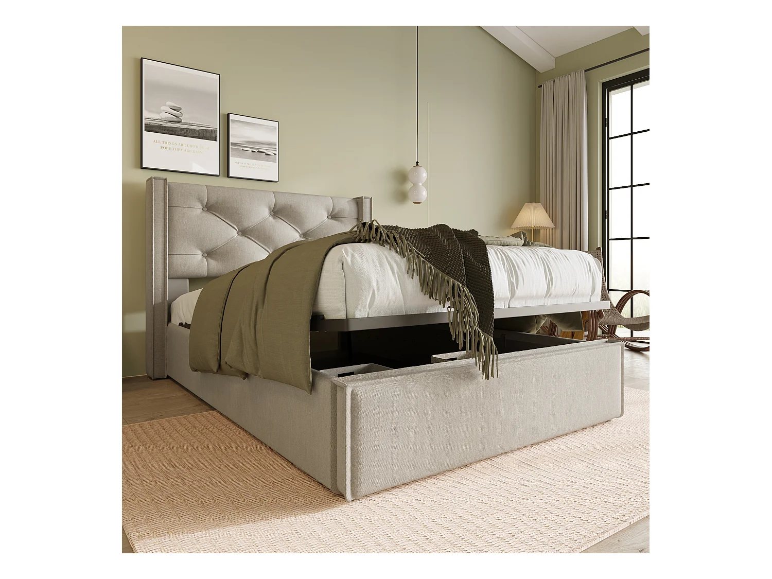 Lit coffre 90x200cm en cotton avec espace de rangement, gris clair, Sommier à lattes, sans matelas