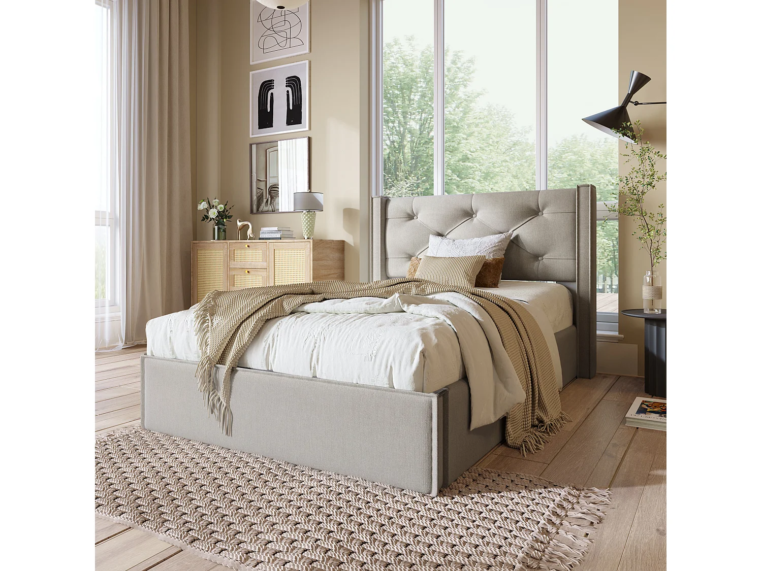 Lit coffre 90x200cm en cotton avec espace de rangement, gris clair, Sommier à lattes, sans matelas