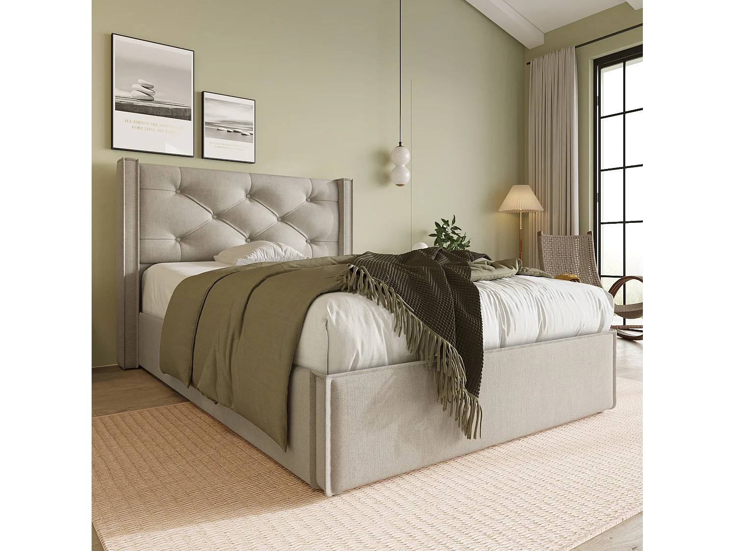 Lit coffre 90x200cm en cotton avec espace de rangement, gris clair, Sommier à lattes, sans matelas