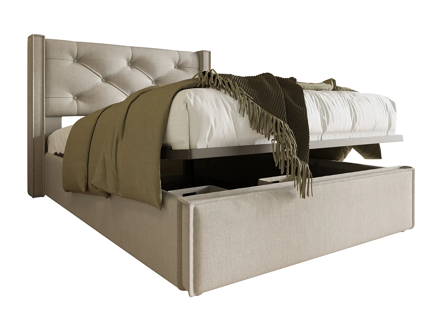 Lit coffre 90x200cm en cotton avec espace de rangement, gris clair, Sommier à lattes, sans matelas