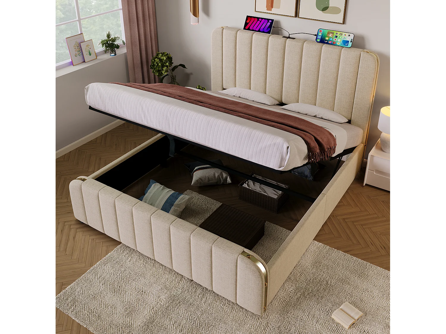 Cama con almacenaje 140x200 cm con USB Tipo-C en lino beige, con somier de láminas, sin colchón