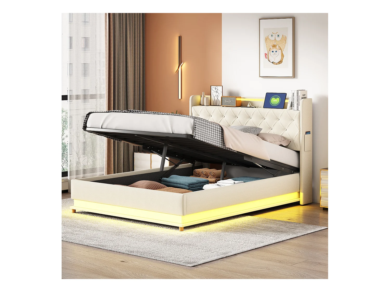 Lit coffre adulte 140x200cm en lin avec LED et USB, Sommier à lattes, beige, sans matelas