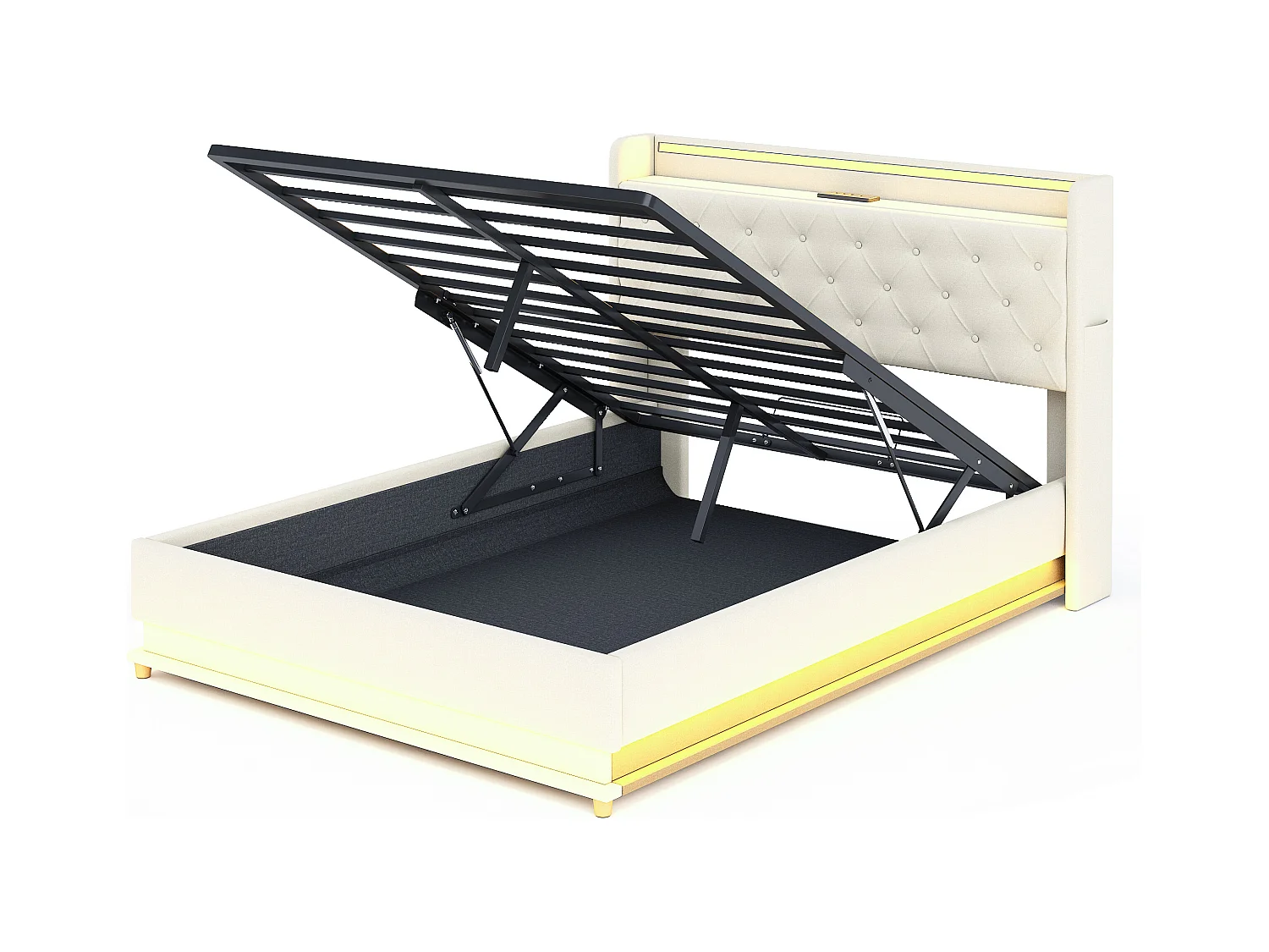 Lit coffre adulte 140x200cm en lin avec LED et USB, Sommier à lattes, beige, sans matelas