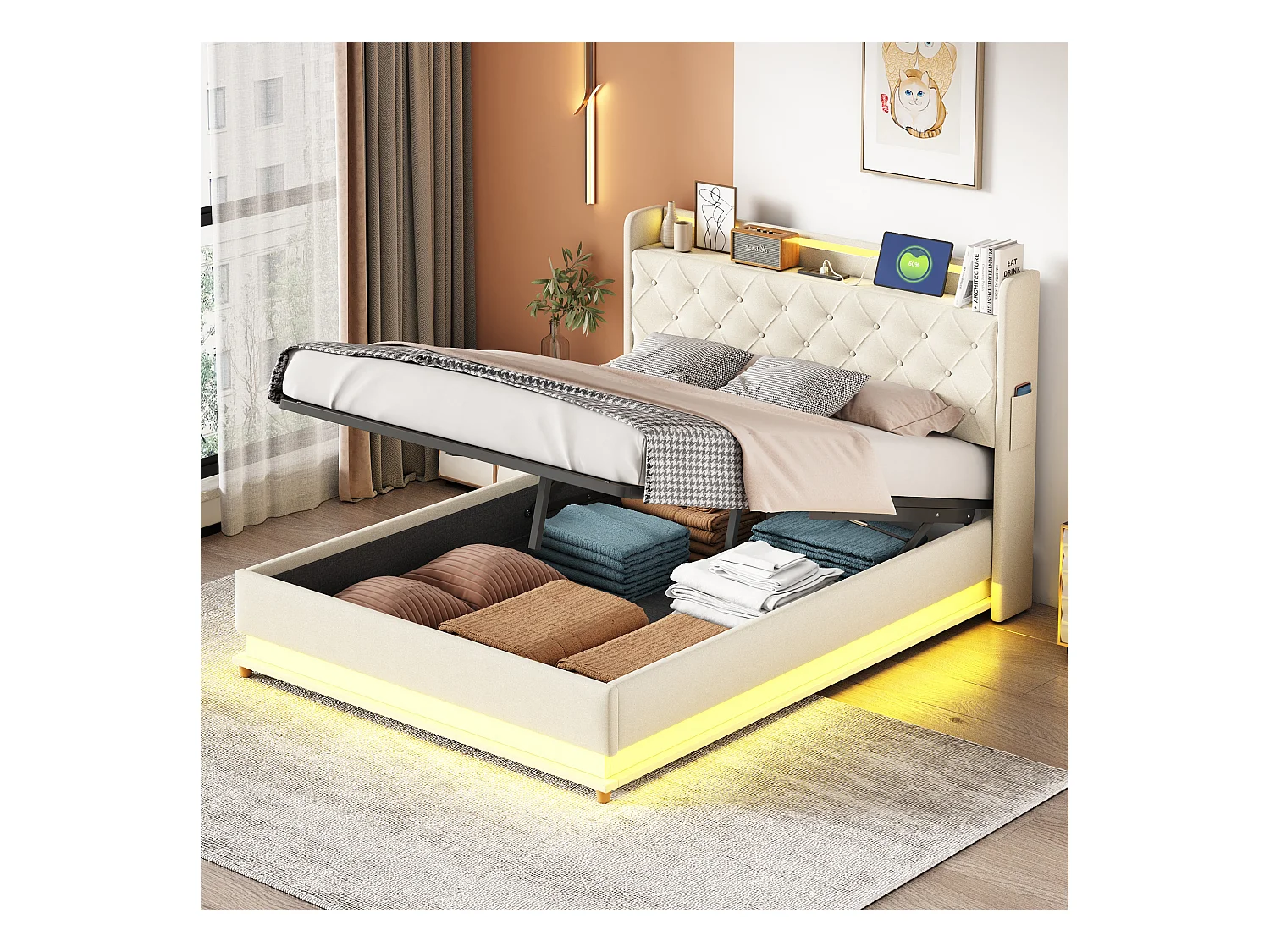 Lit coffre adulte 140x200cm en lin avec LED et USB, Sommier à lattes, beige, sans matelas