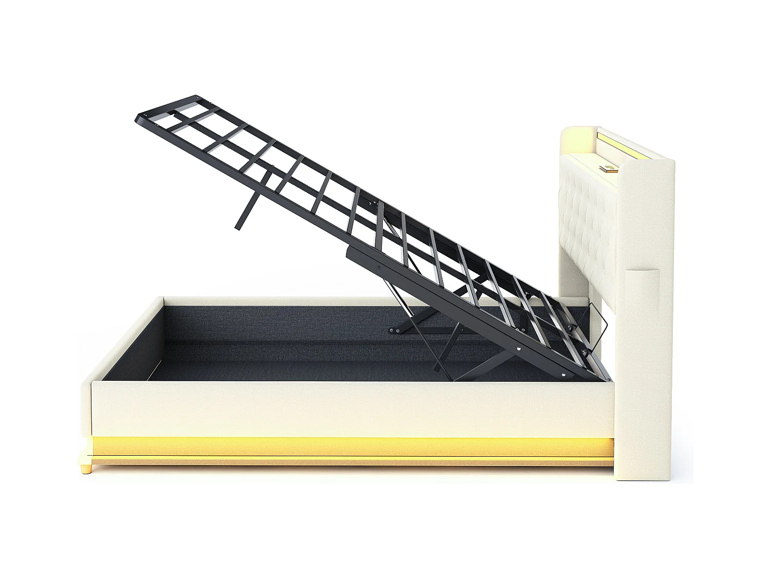 Lit coffre adulte 140x200cm en lin avec LED et USB, Sommier à lattes, beige, sans matelas