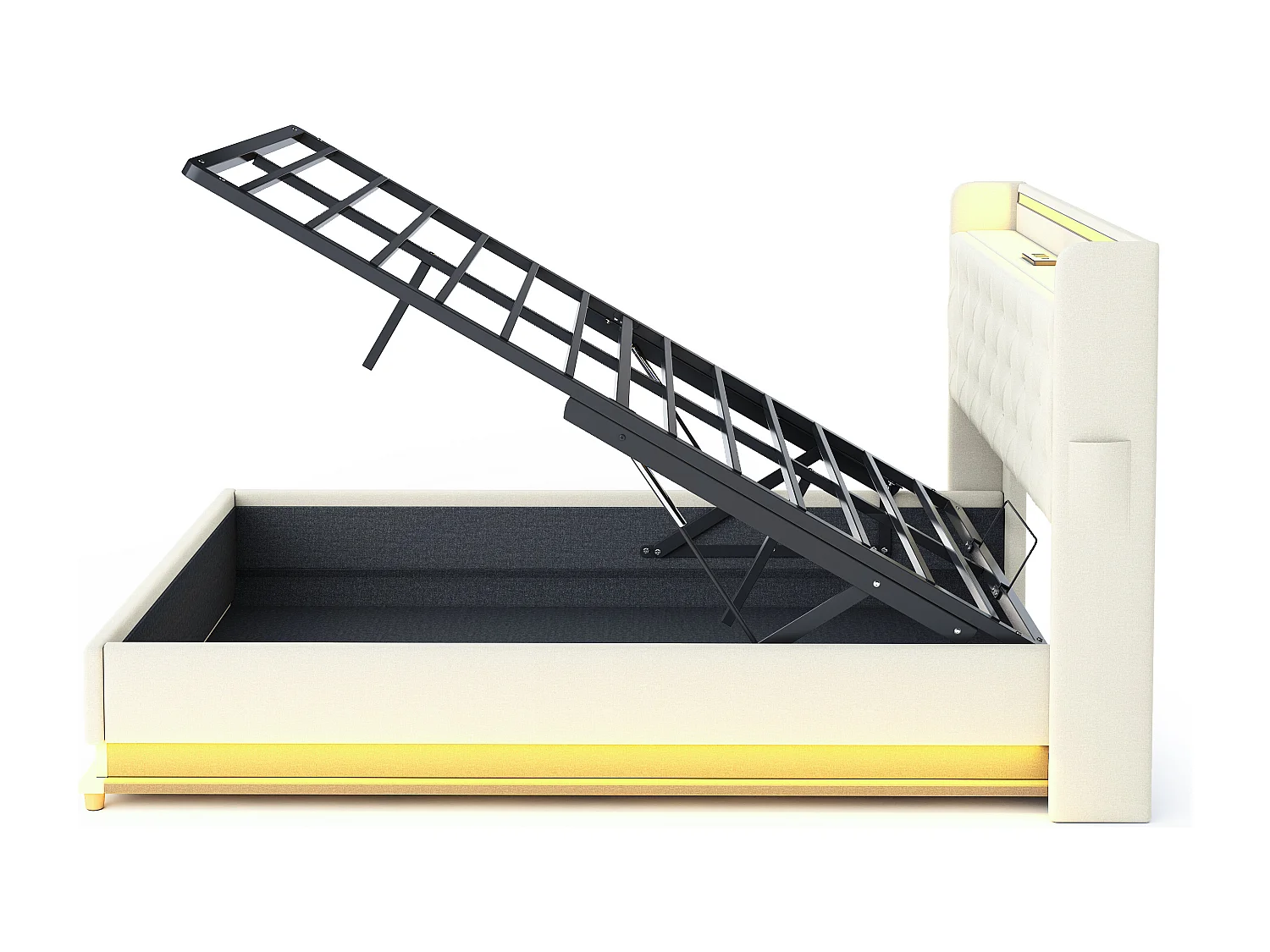 Lit coffre adulte 140x200cm en lin avec LED et USB, Sommier à lattes, beige, sans matelas