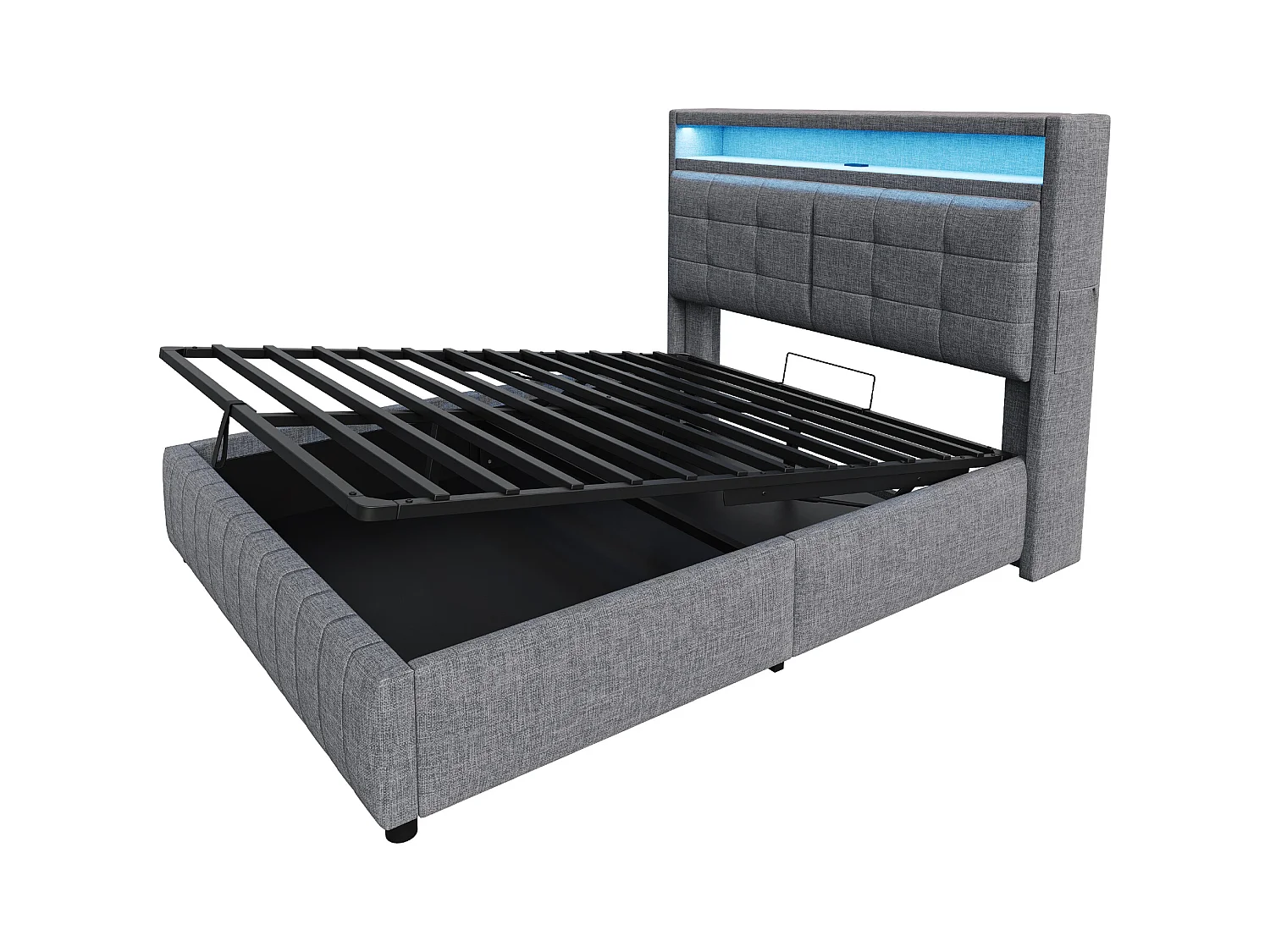 Lit coffre adulte 160x200cm avec LED et USB Type-C, lin, gris, sans matelas