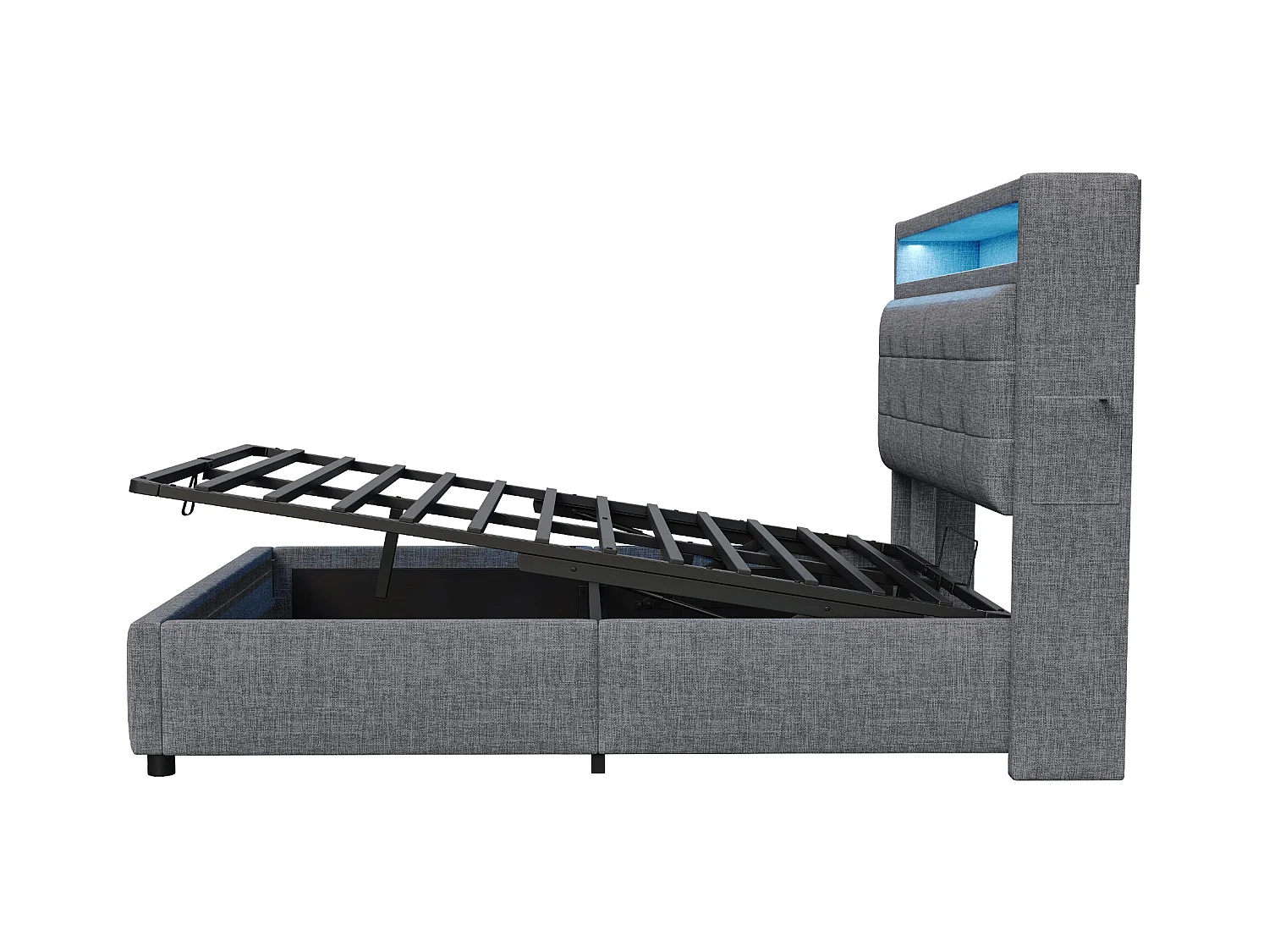 Lit coffre adulte 160x200cm avec LED et USB Type-C, lin, gris, sans matelas