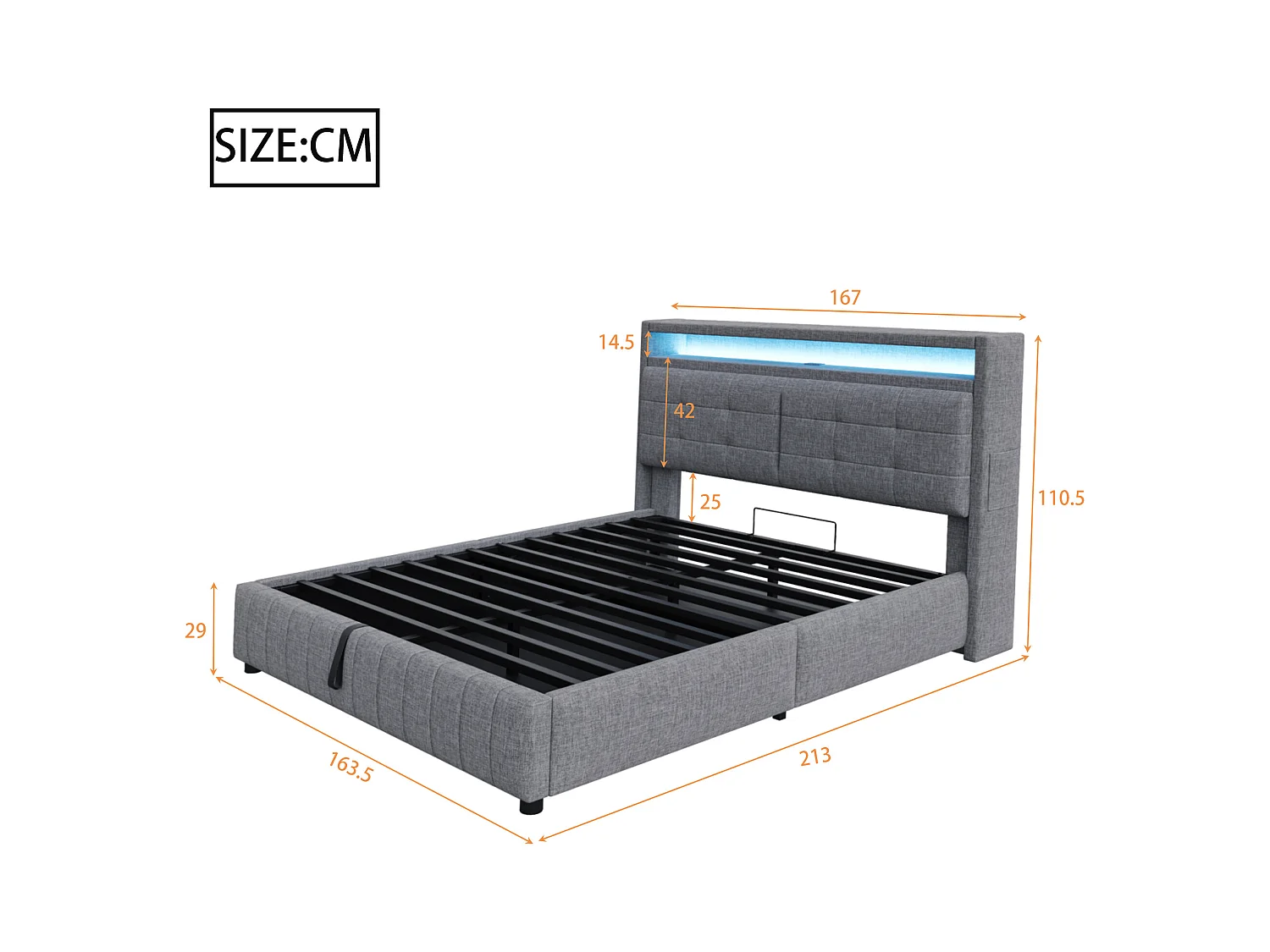 Lit coffre adulte 160x200cm avec LED et USB Type-C, lin, gris, sans matelas