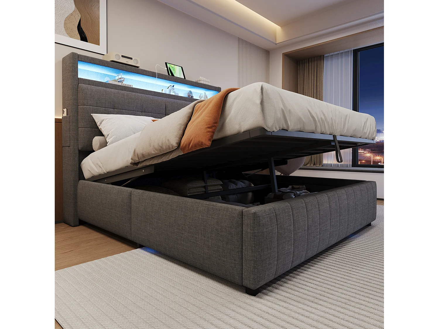 Cama com baú adulto 160x200 cm com LED e USB Type-C, linho cinza, sem colchão