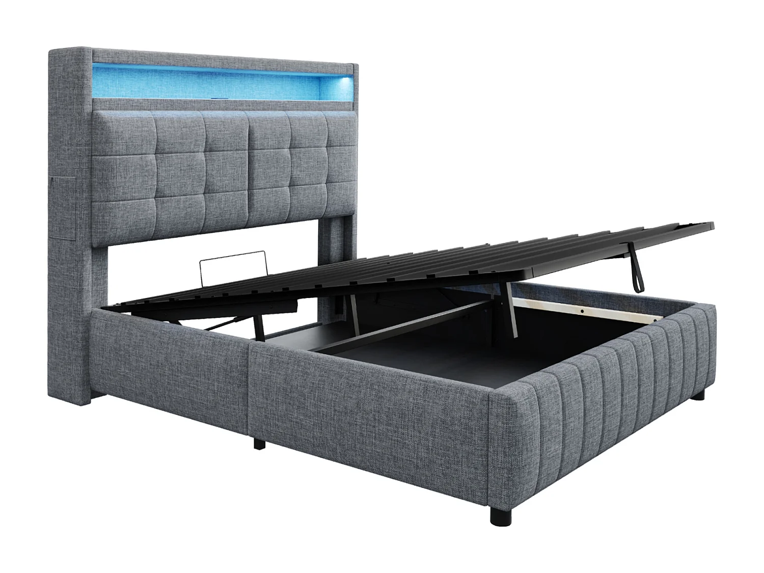 Cama com baú adulto 160x200 cm com LED e USB Type-C, linho cinza, sem colchão