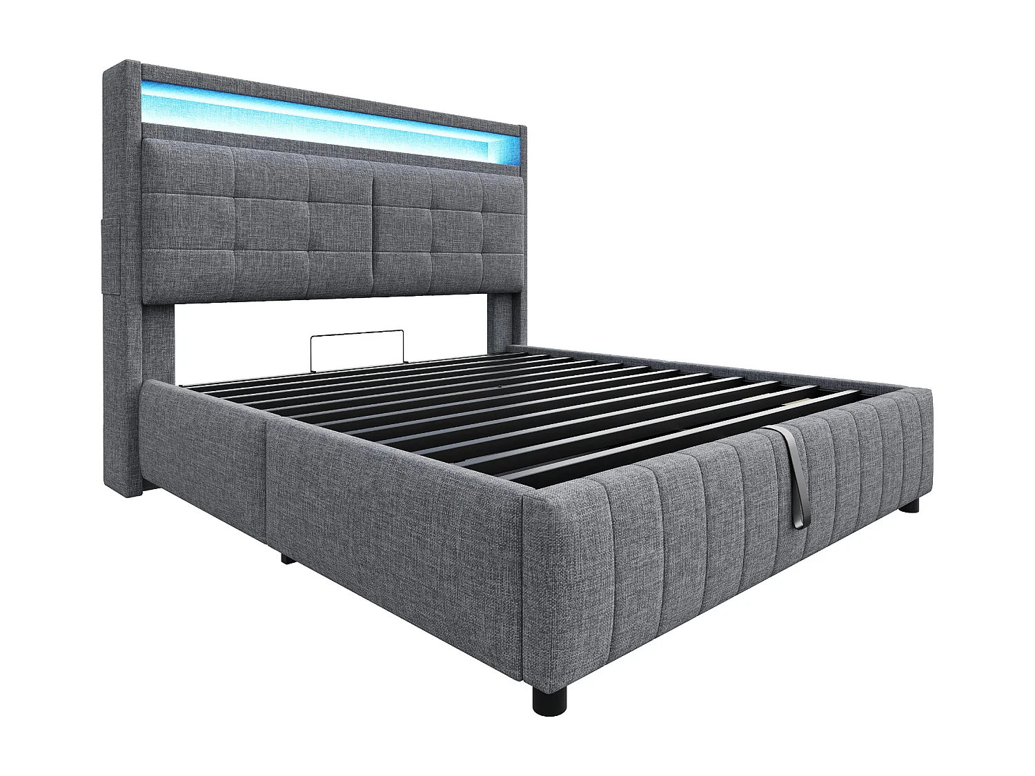 Cama com baú adulto 160x200 cm com LED e USB Type-C, linho cinza, sem colchão