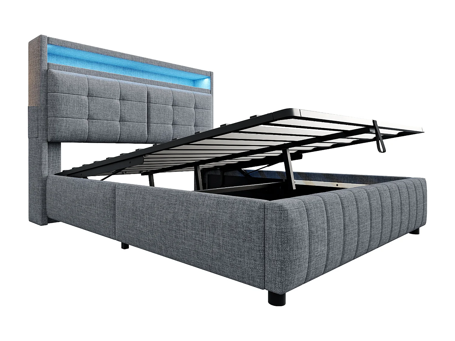 Cama com baú adulto 160x200 cm com LED e USB Type-C, linho cinza, sem colchão