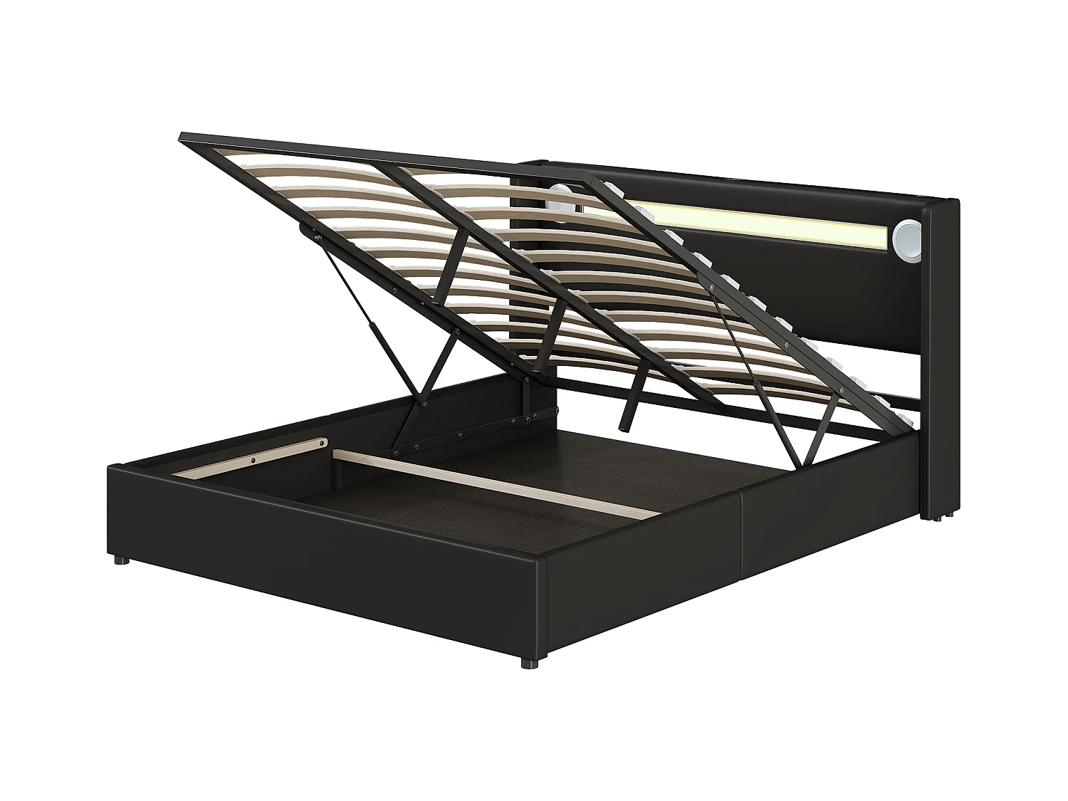 Lit coffre adulte 160x200cm en cuir PU avec USB + LED, noir, Sommier à lattes, sans matelas