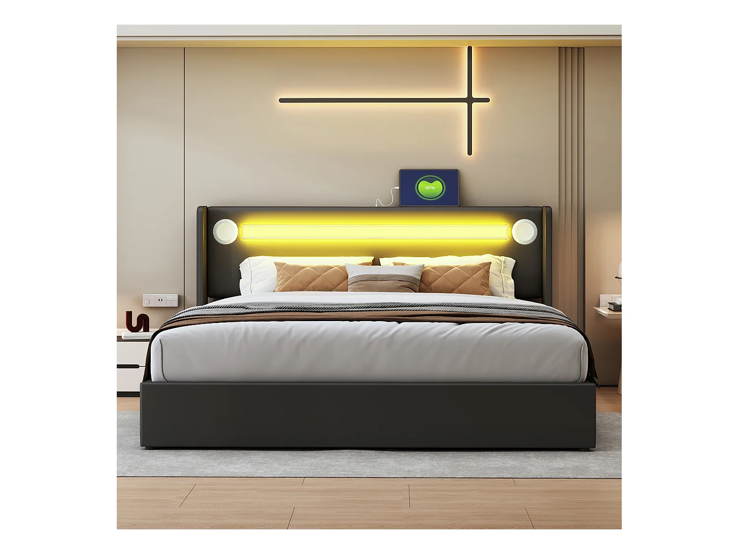 Lit coffre adulte 160x200cm en cuir PU avec USB + LED, noir, Sommier à lattes, sans matelas