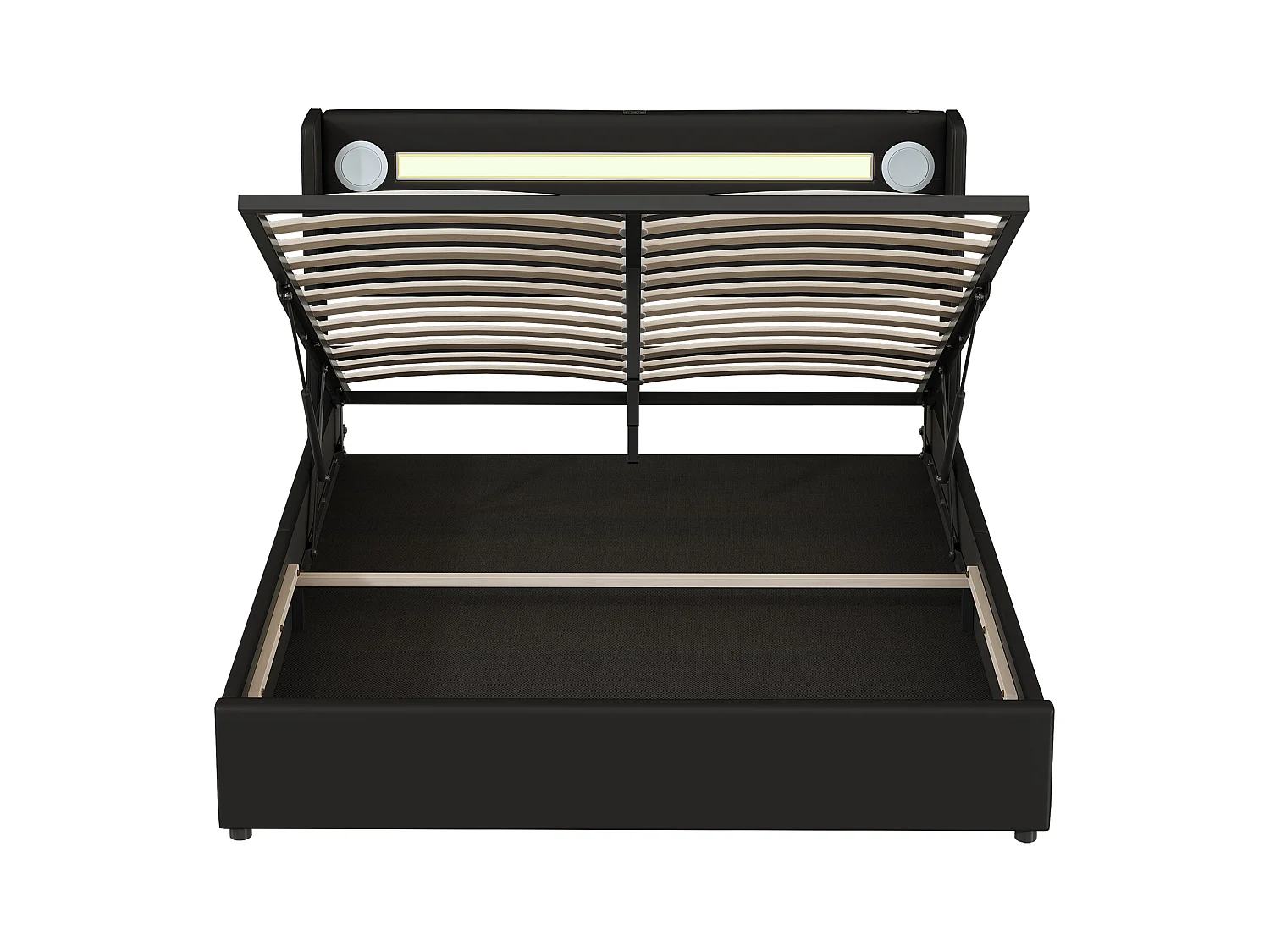 Lit coffre adulte 160x200cm en cuir PU avec USB + LED, noir, Sommier à lattes, sans matelas