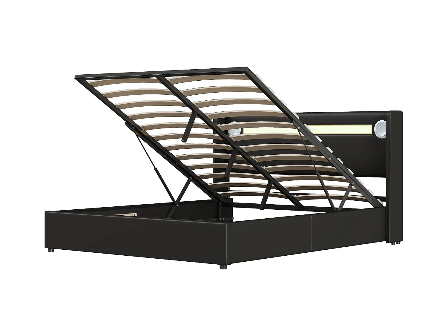 Lit coffre adulte 160x200cm en cuir PU avec USB + LED, noir, Sommier à lattes, sans matelas