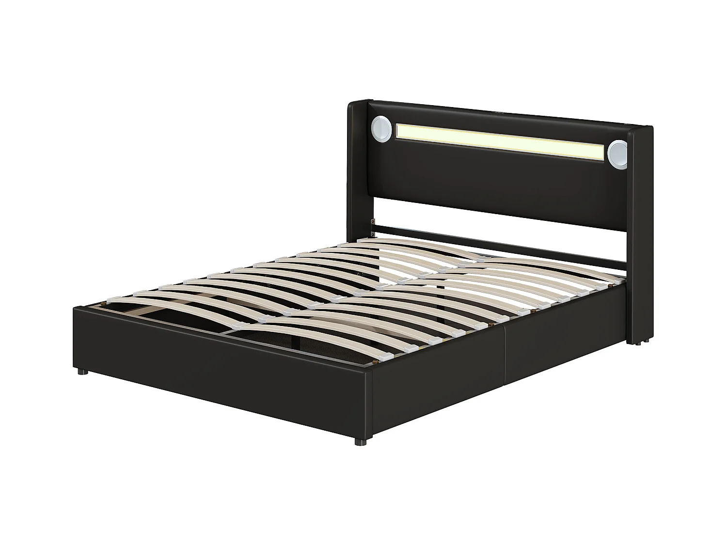 Lit coffre adulte 160x200cm en cuir PU avec USB + LED, noir, Sommier à lattes, sans matelas