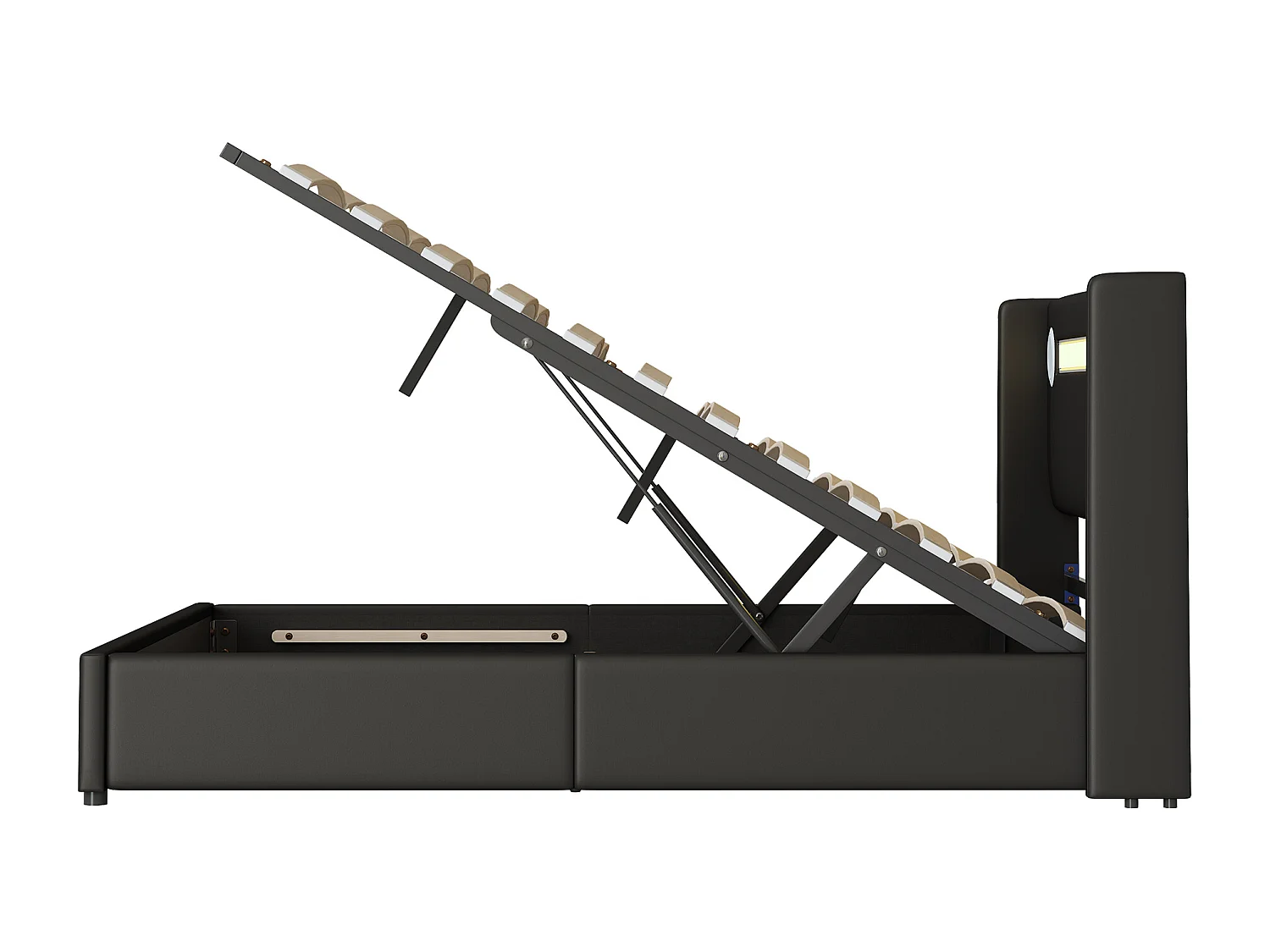 Lit coffre adulte 160x200cm en cuir PU avec USB + LED, noir, Sommier à lattes, sans matelas