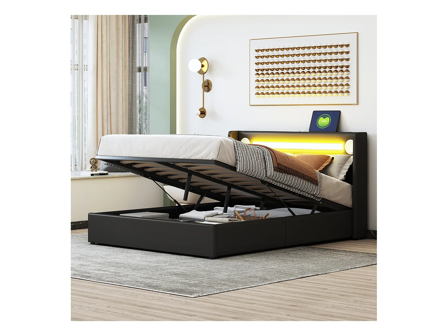 Lit coffre adulte 140x200cm en cuir PU avec USB + LED, noir, Sommier à lattes, sans matelas