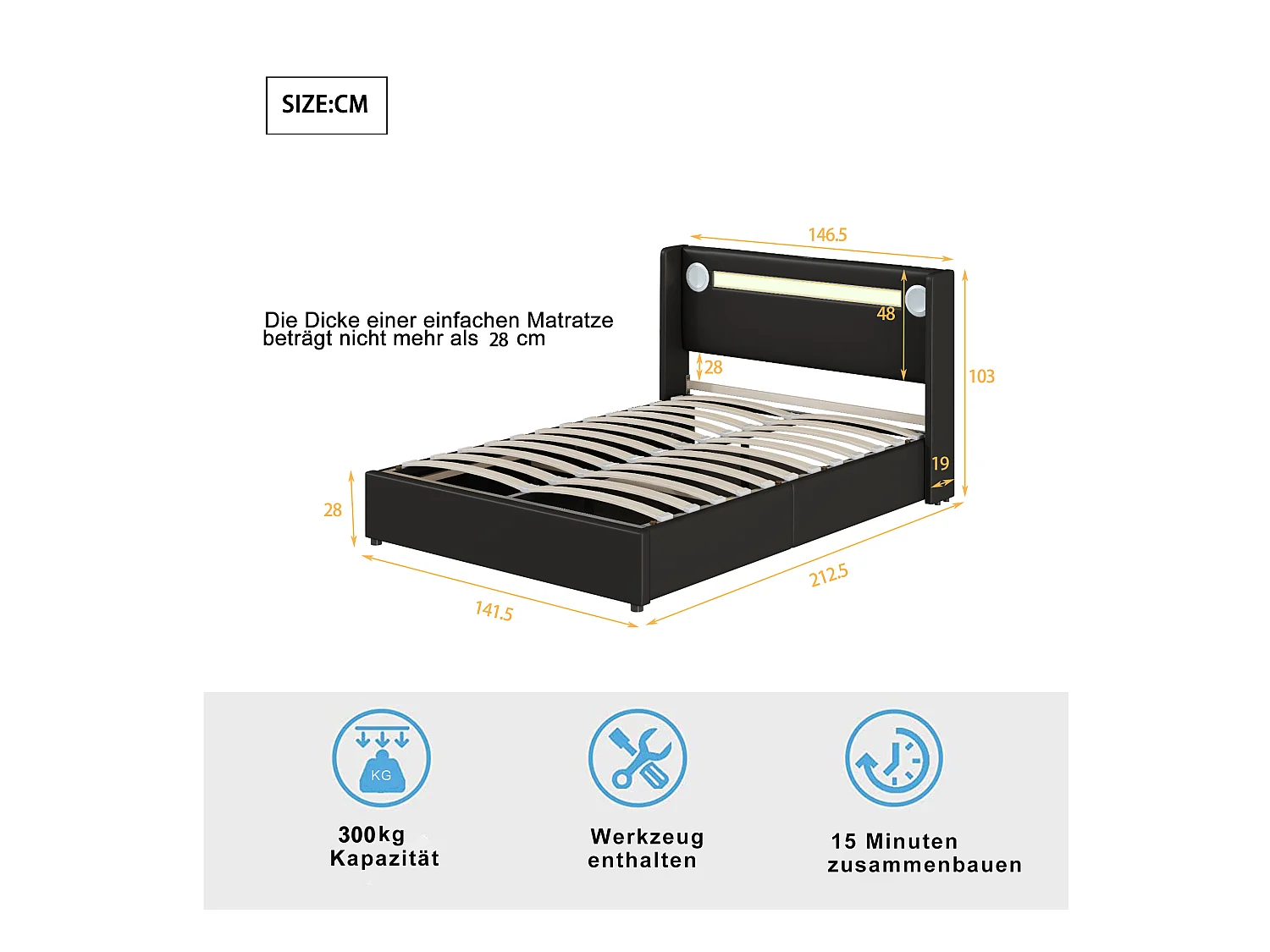 Lit coffre adulte 140x200cm en cuir PU avec USB + LED, noir, Sommier à lattes, sans matelas