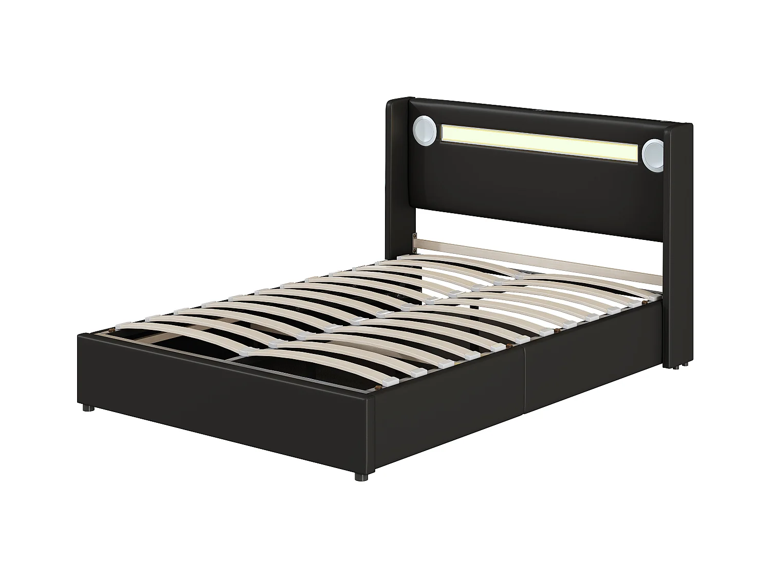 Lit coffre adulte 140x200cm en cuir PU avec USB + LED, noir, Sommier à lattes, sans matelas