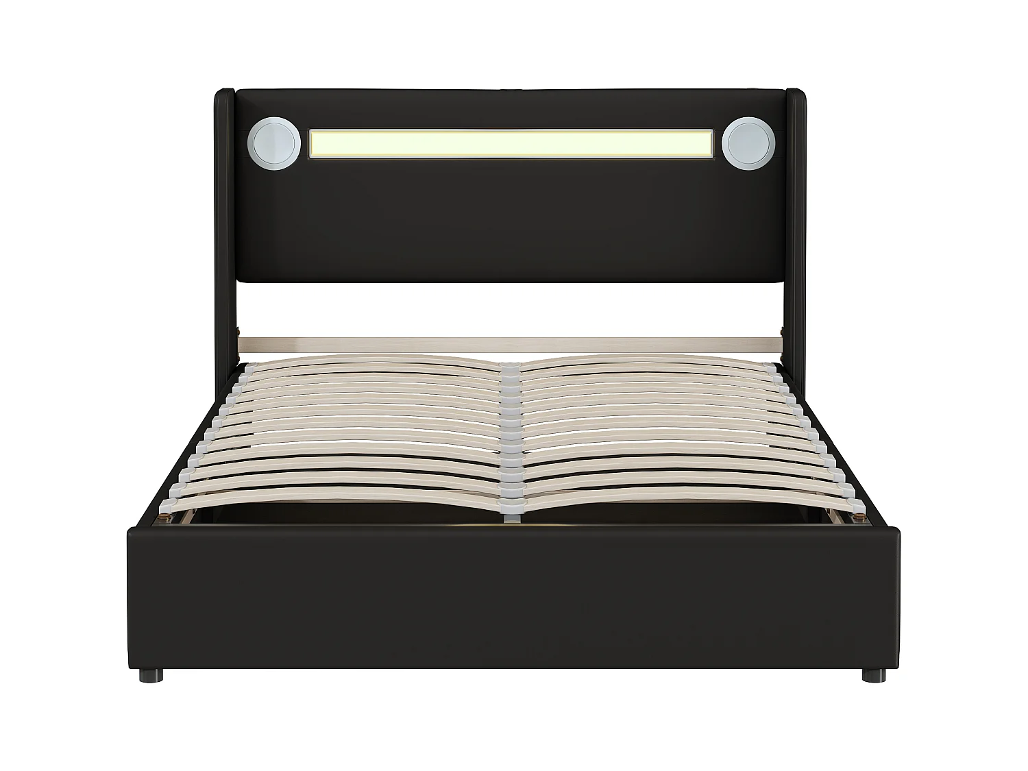 Lit coffre adulte 140x200cm en cuir PU avec USB + LED, noir, Sommier à lattes, sans matelas