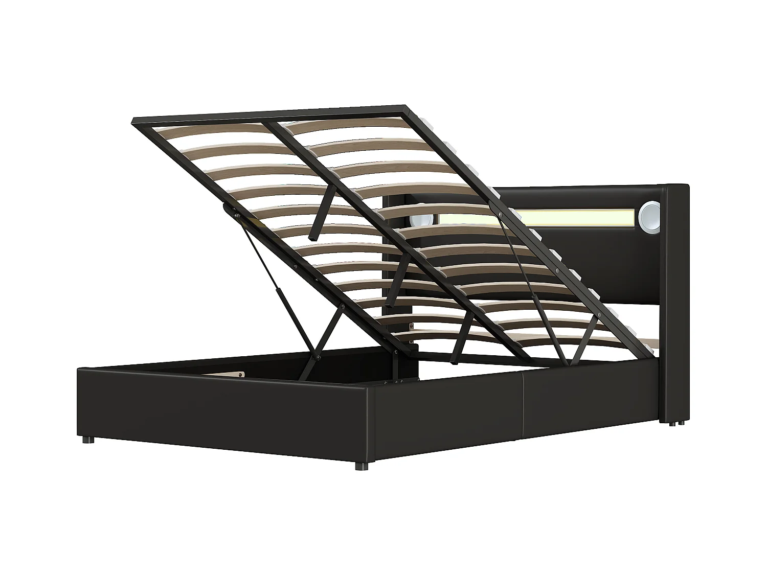 Lit coffre adulte 140x200cm en cuir PU avec USB + LED, noir, Sommier à lattes, sans matelas