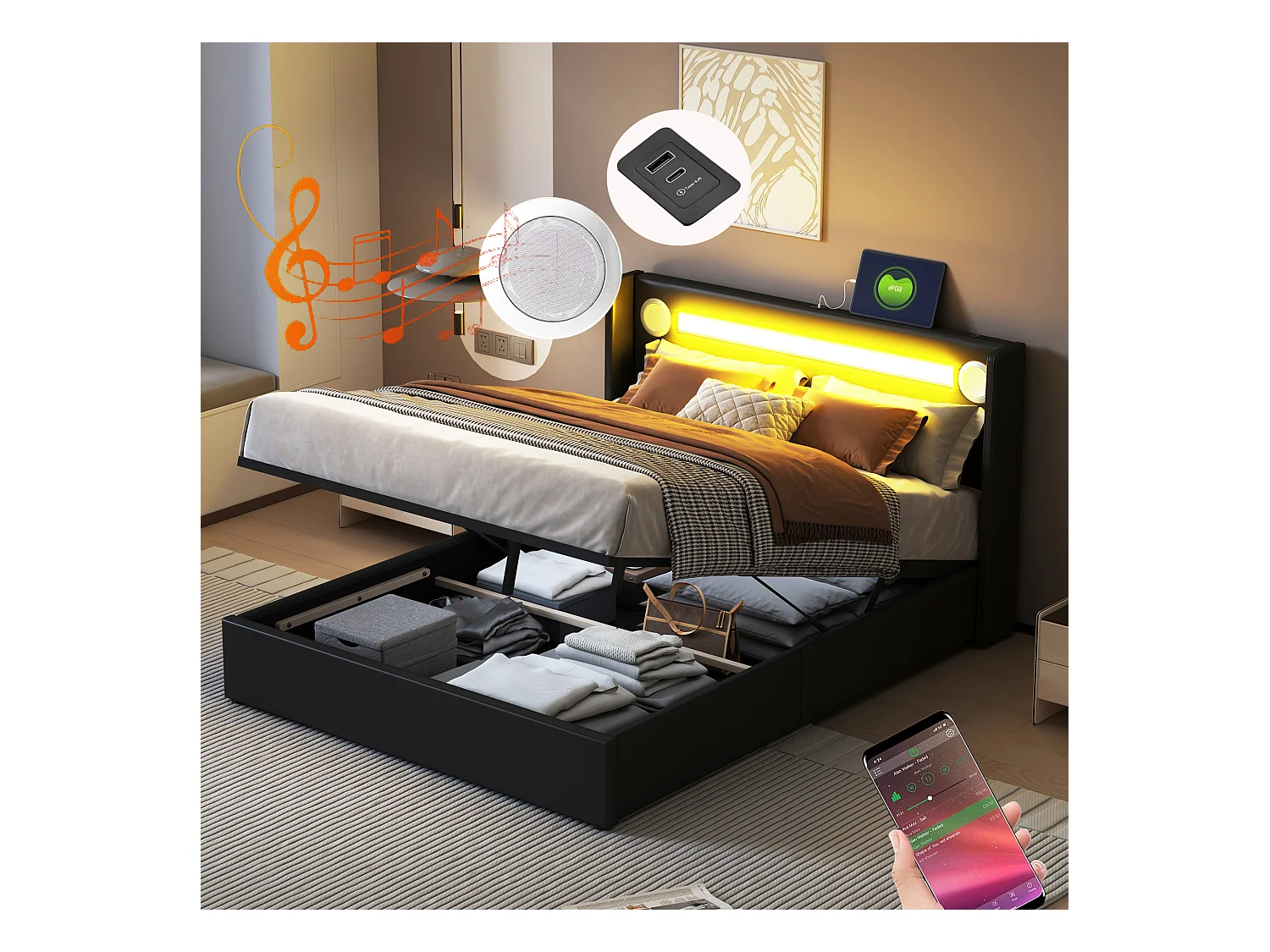 Lit coffre adulte 140x200cm en cuir PU avec USB + LED, noir, Sommier à lattes, sans matelas