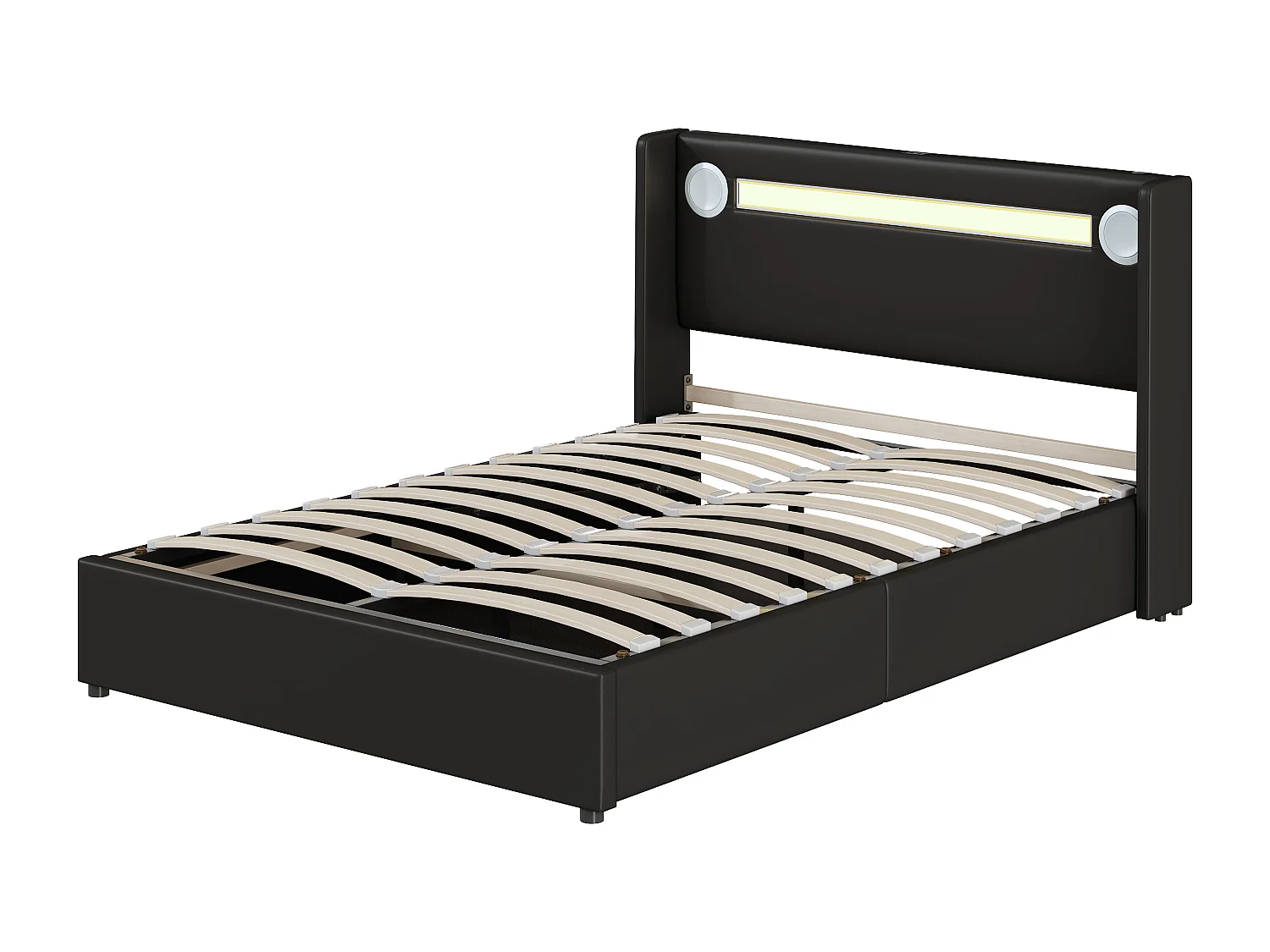 Lit coffre adulte 140x200cm en cuir PU avec USB + LED, noir, Sommier à lattes, sans matelas