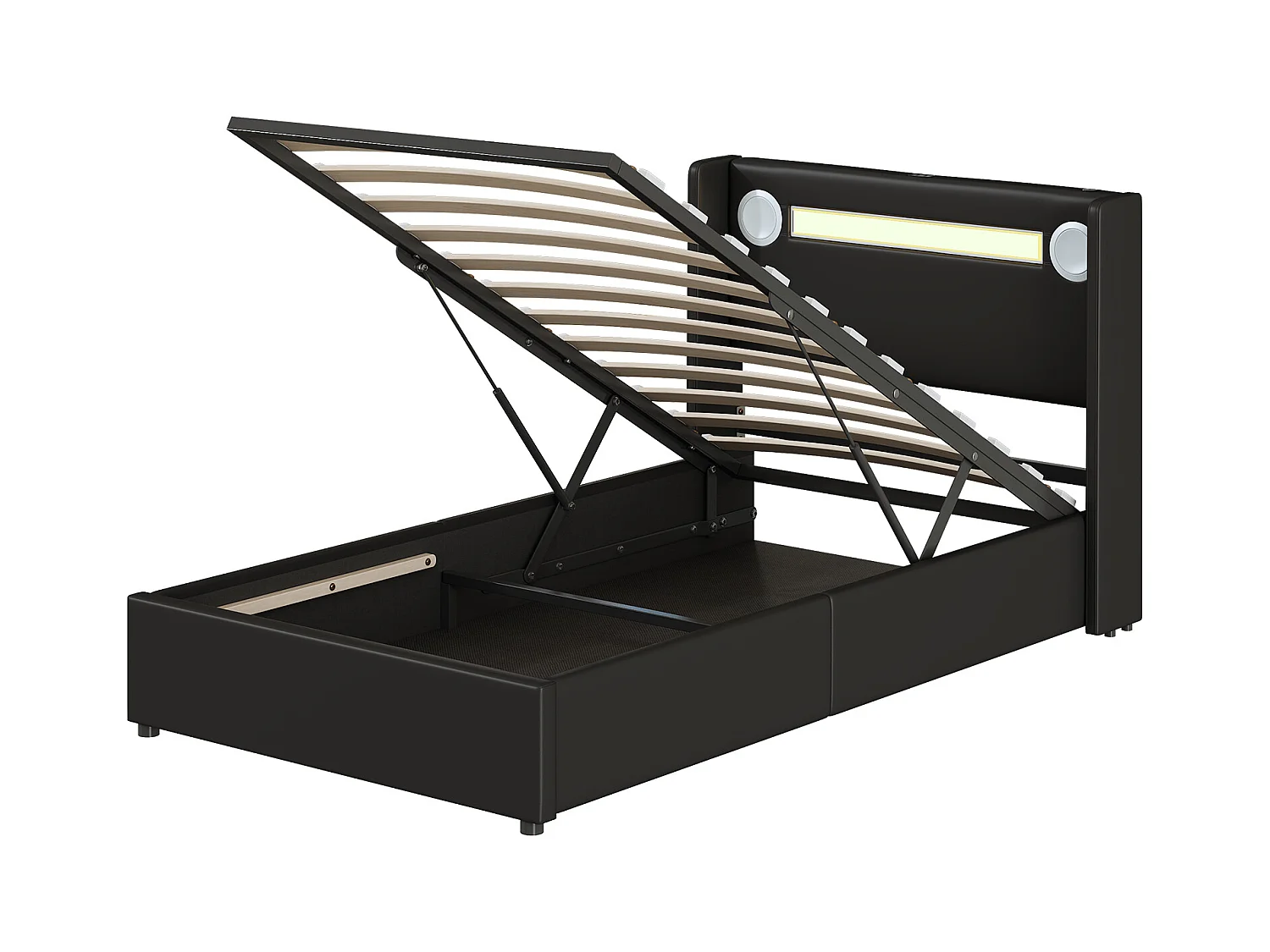 Lit coffre adulte 90x200cm en cuir PU avec USB + LED, noir, Sommier à lattes, sans matelas