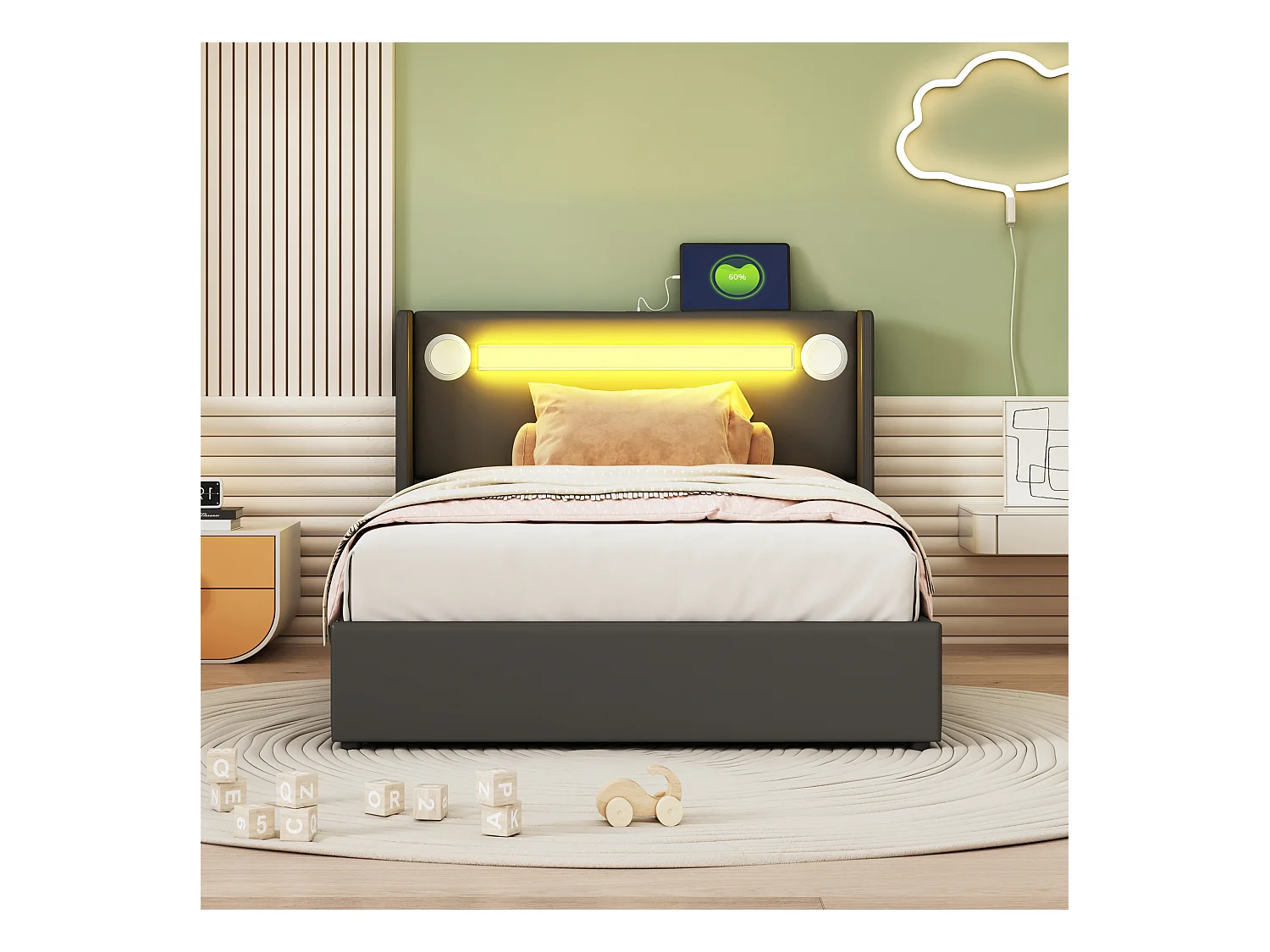 Lit coffre adulte 90x200cm en cuir PU avec USB + LED, noir, Sommier à lattes, sans matelas