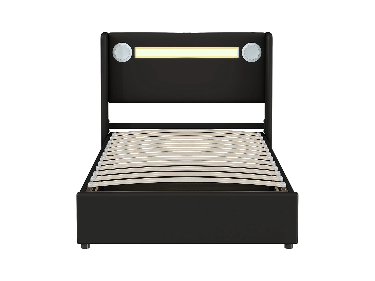 Lit coffre adulte 90x200cm en cuir PU avec USB + LED, noir, Sommier à lattes, sans matelas