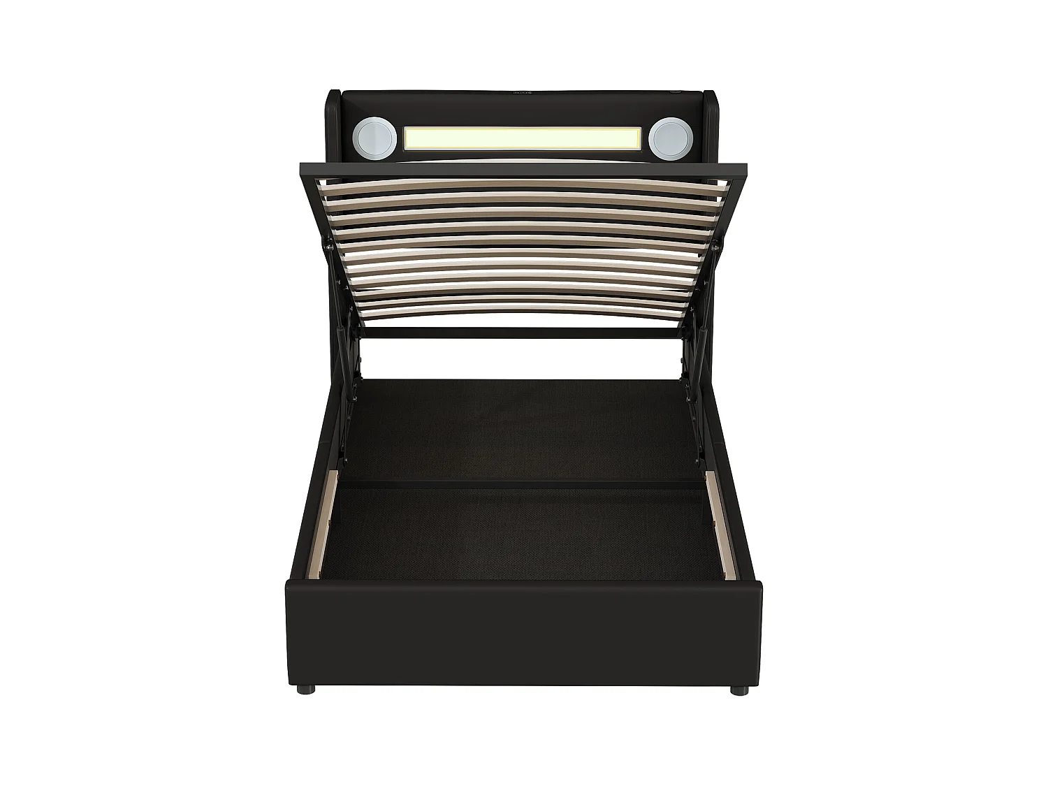 Lit coffre adulte 90x200cm en cuir PU avec USB + LED, noir, Sommier à lattes, sans matelas